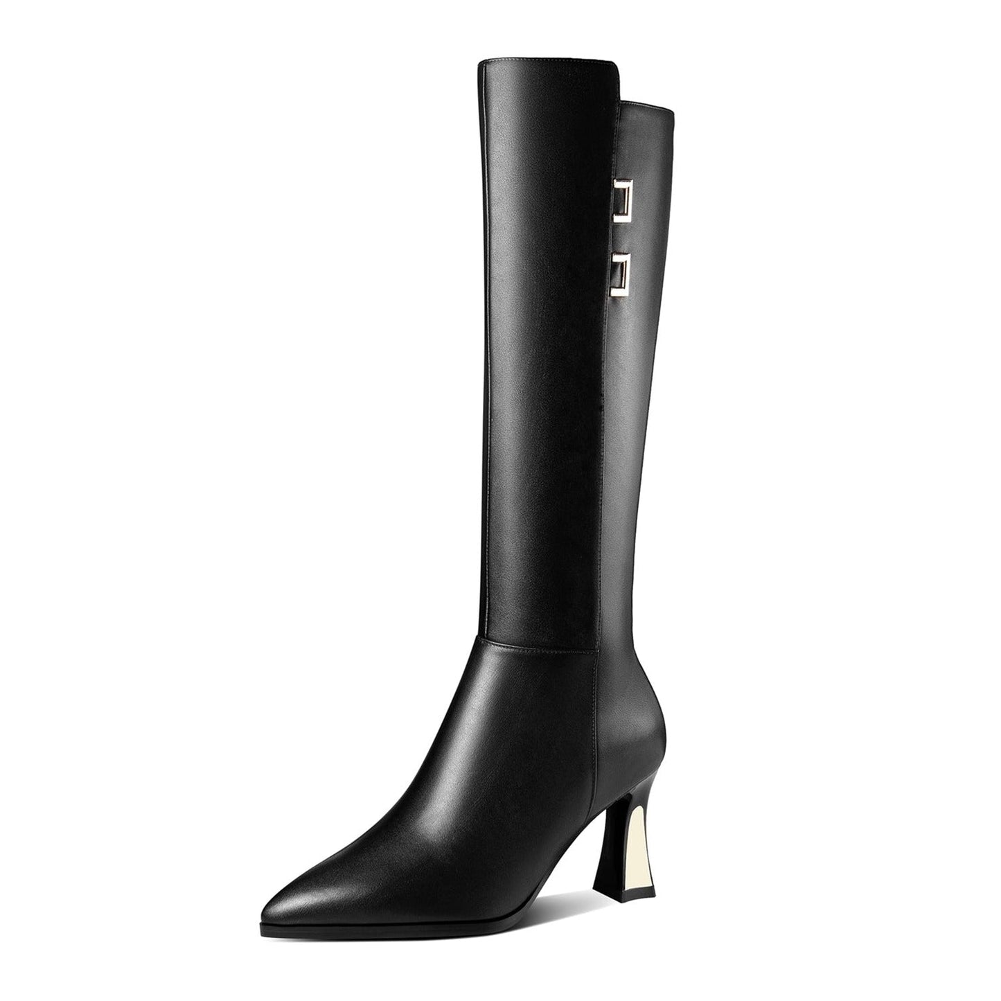 Handmade Women's Genuine Leather Mid Heel Side Zip Up Pointed Toe Stylish Knee High Boots