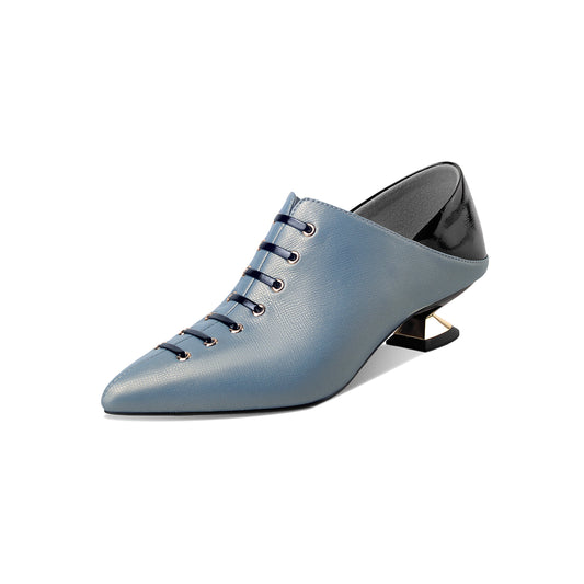 Nine Seven Women's Handmade Genuine Leather Unique Low Chunky Heel Pointed Toe Side Zip Up Assorted Color Pump Shoes