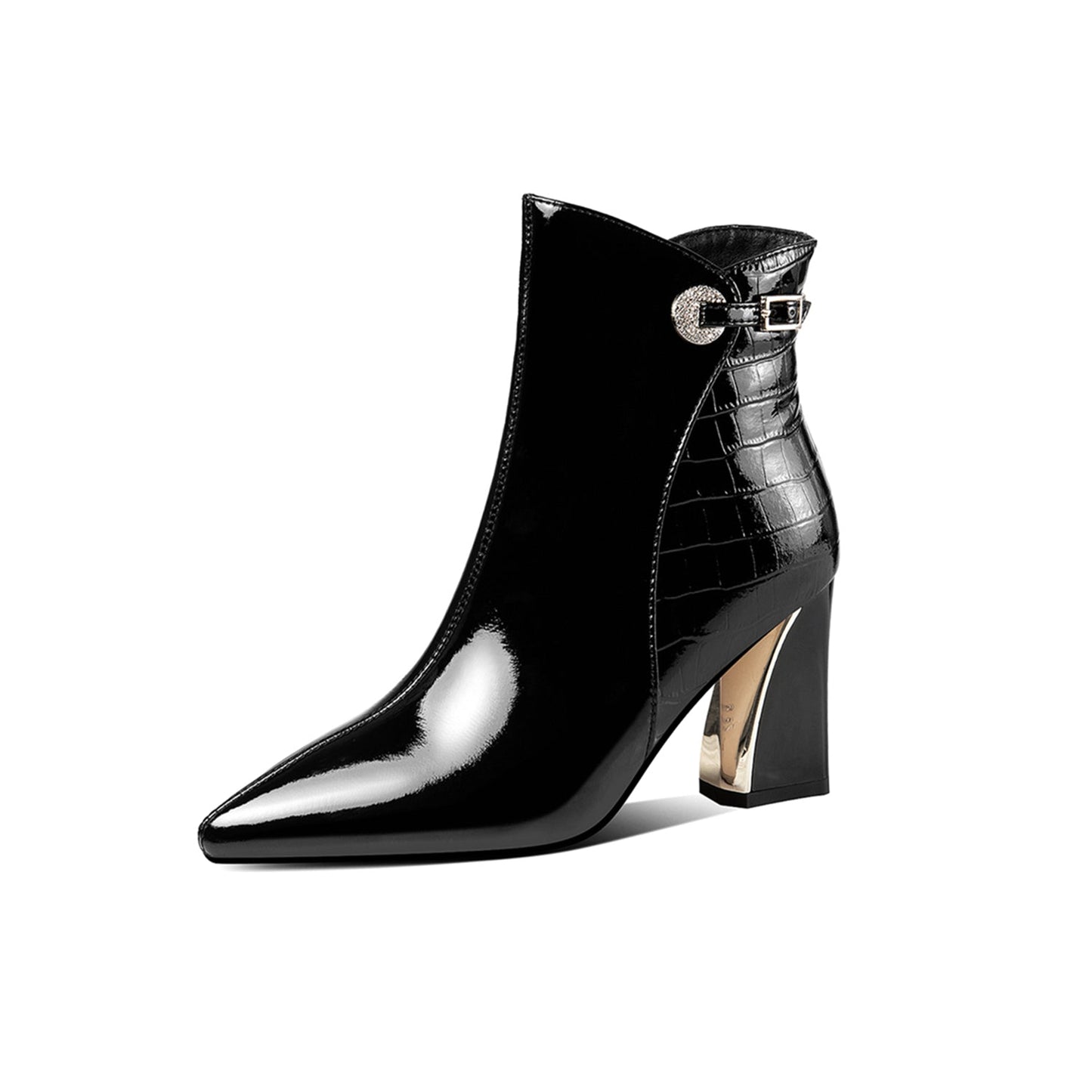 Nine Seven Glossy Patent Leather Women's Handmade Chunky Heel Pointed Toe Side zip Up Ankle Booties with Exquisite Buckle Decor