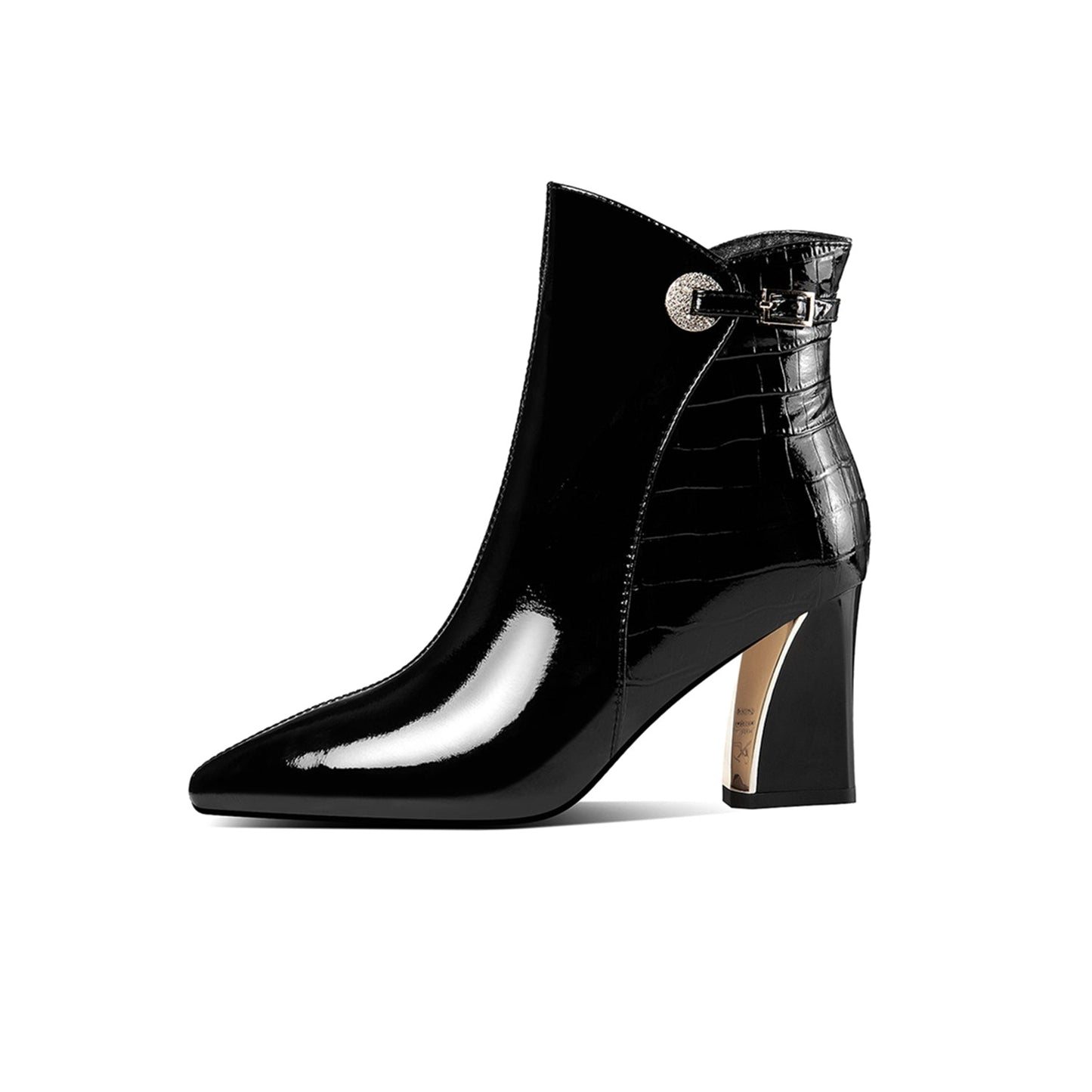 Nine Seven Glossy Patent Leather Women's Handmade Chunky Heel Pointed Toe Side zip Up Ankle Booties with Exquisite Buckle Decor