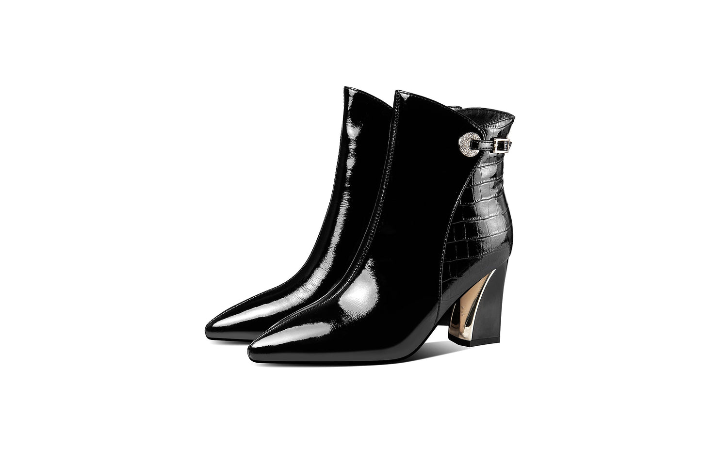 Nine Seven Glossy Patent Leather Women's Handmade Chunky Heel Pointed Toe Side zip Up Ankle Booties with Exquisite Buckle Decor