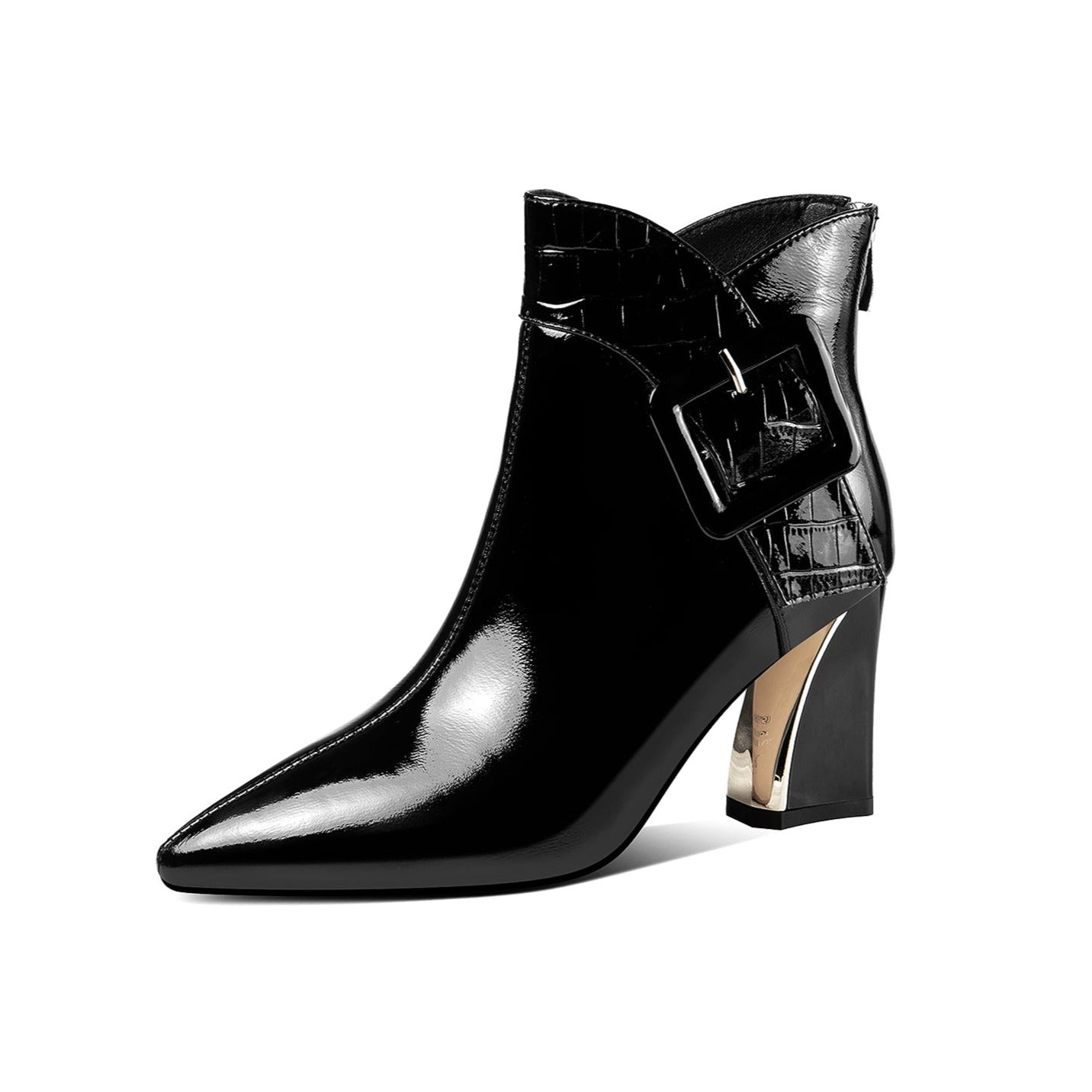 Nine Seven Women's Patent Leather Handmade High Heel Pointed Toe Back zip Up Modern Buckle Ankle Booties