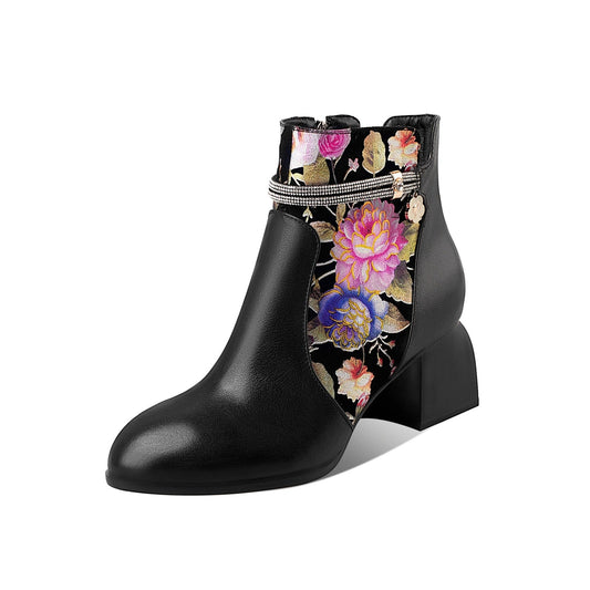 Handmade Women's Genuine Leather Ethnic Printed Floral Pointed Toe Mid Chunky Heel Side Zipper Ankle Boots Shoes