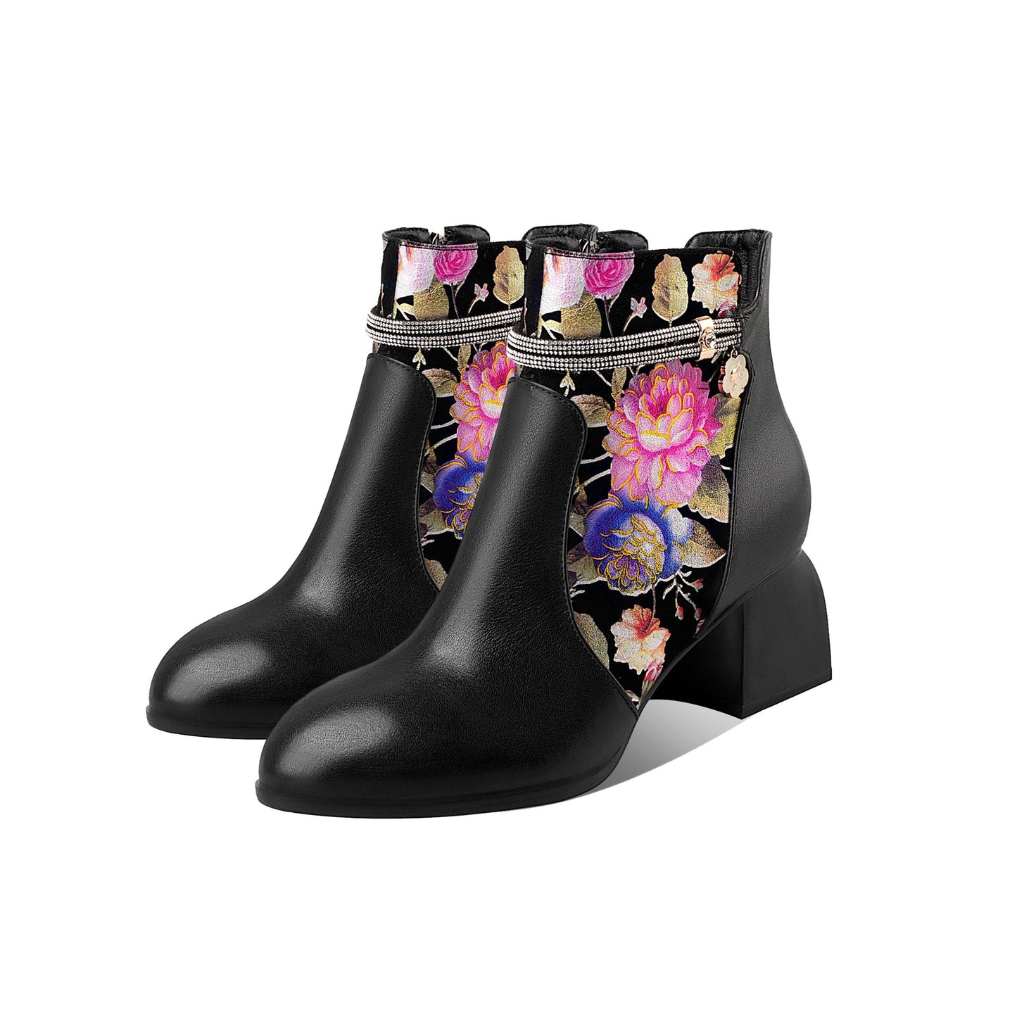 Nine Seven Handmade Women's Genuine Leather Ethnic Printed Floral Pointed Toe Mid Chunky Heel Side Zipper Ankle Boots Shoes