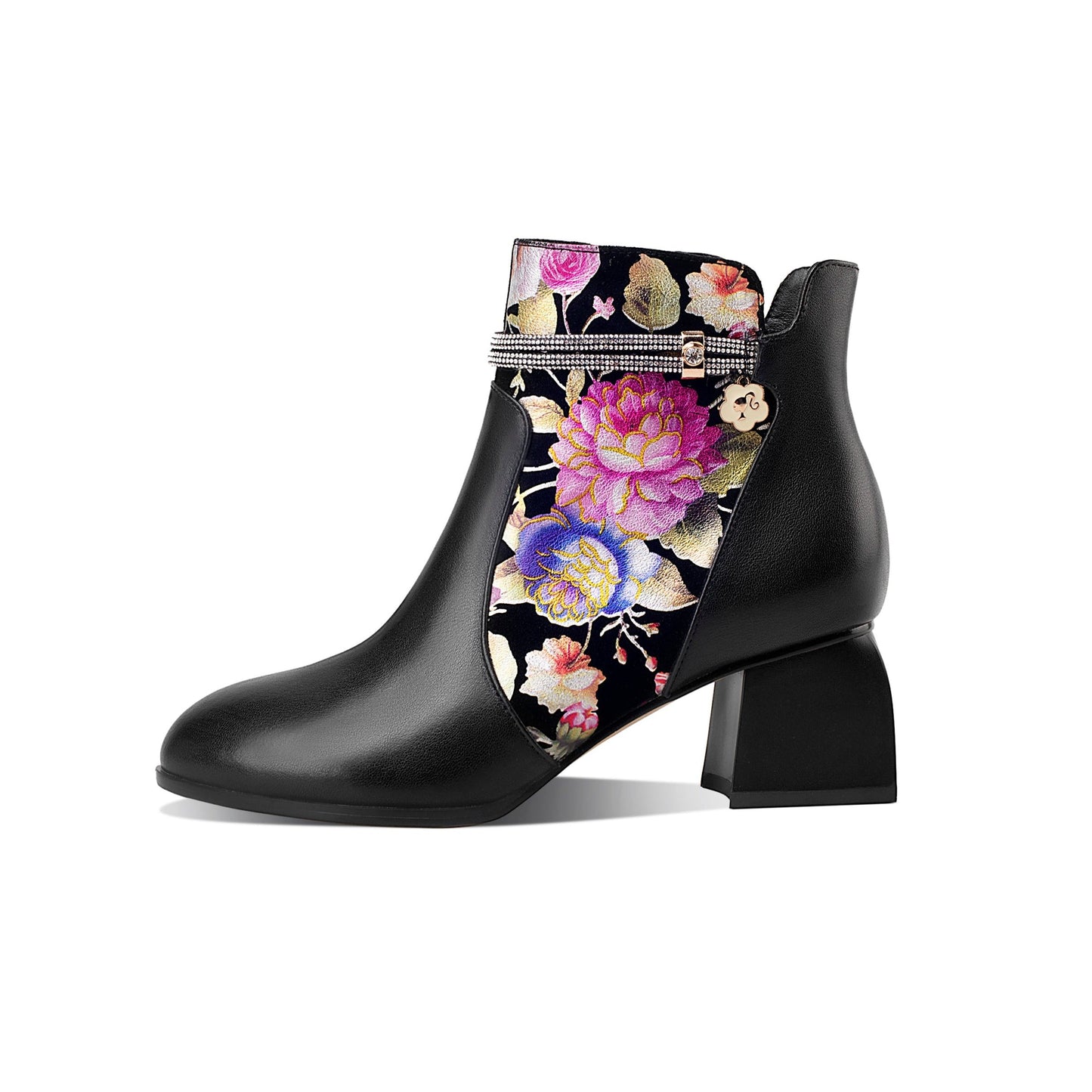 Nine Seven Handmade Women's Genuine Leather Ethnic Printed Floral Pointed Toe Mid Chunky Heel Side Zipper Ankle Boots Shoes