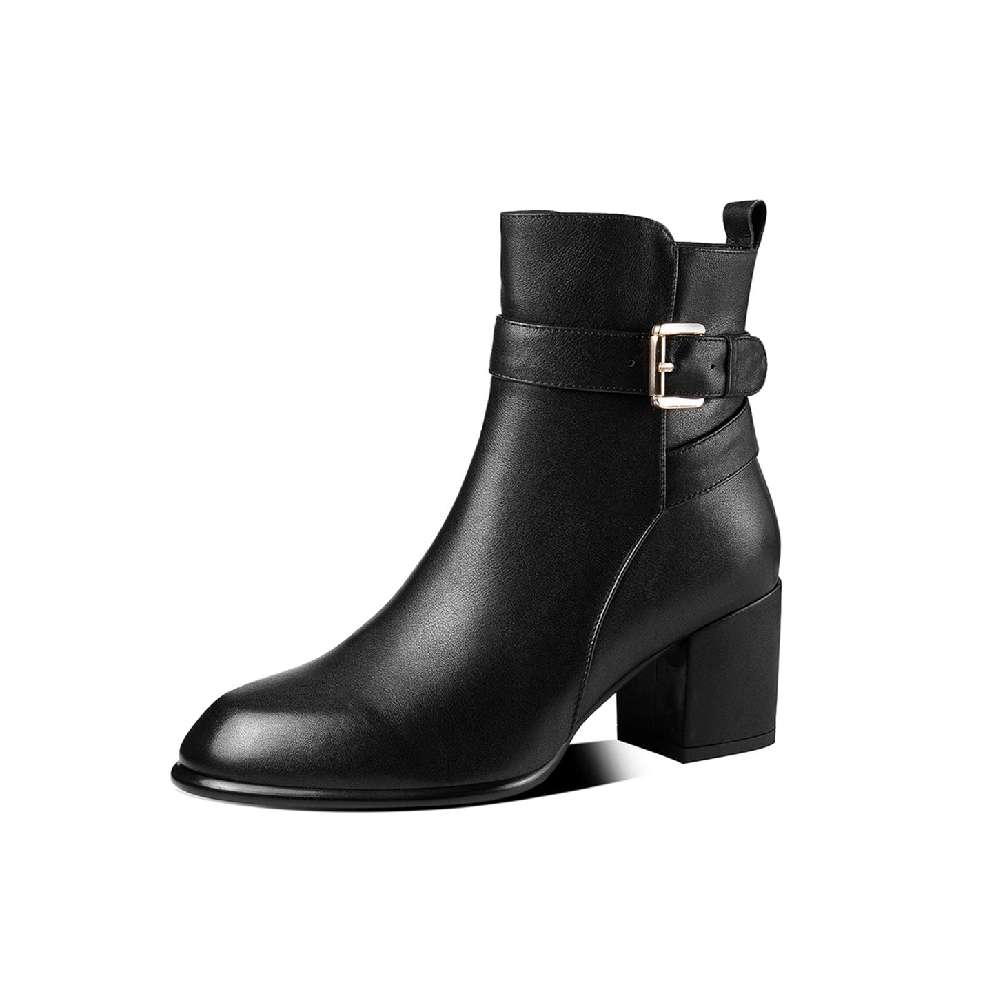 Women's Handmade Genuine Leather Chunky Heel Side Zip Up Round Toe Buckle Design Stylish Ankle Boots