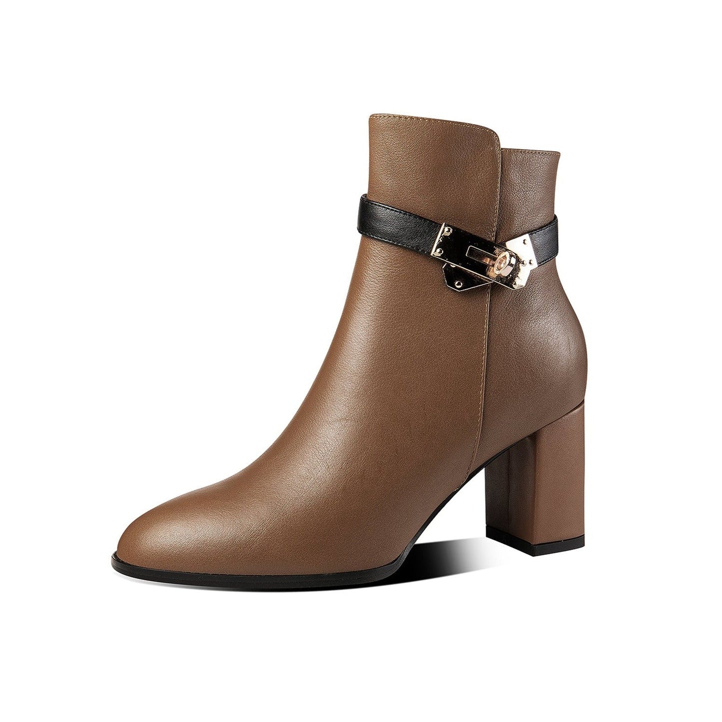 Women's Genuine Leather Handmade Stylish Chunky Heel Side Zip Up Belt Design Ankle Booties