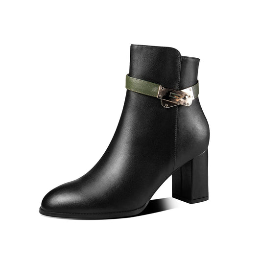 Women's Genuine Leather Handmade Stylish Chunky Heel Side Zip Up Belt Design Ankle Booties