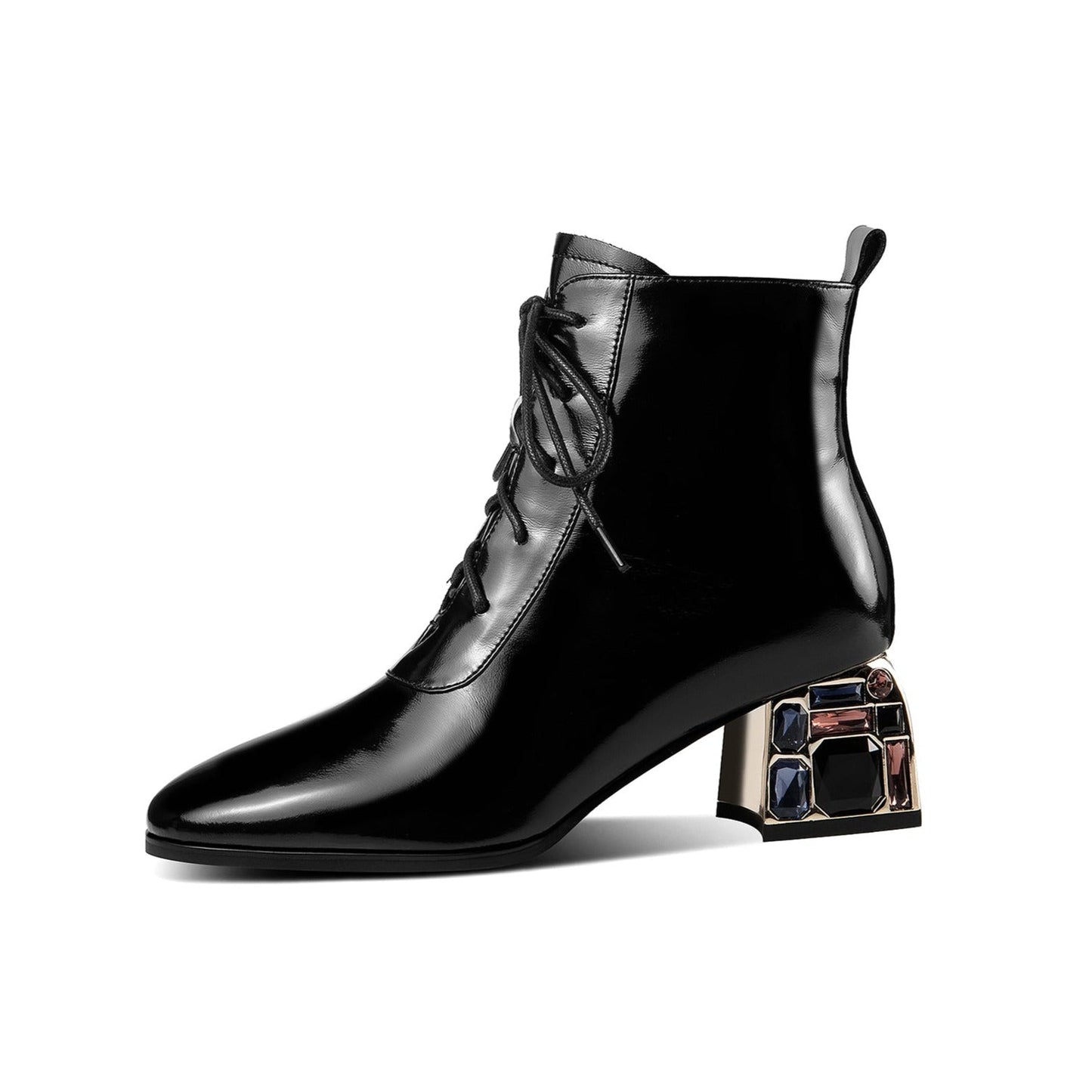 Nine Seven Handmade Women's Patent Leather Rhinestone Front Lace Up Round Toe Side Zipper Mid Chunky Heel Ankle Boots