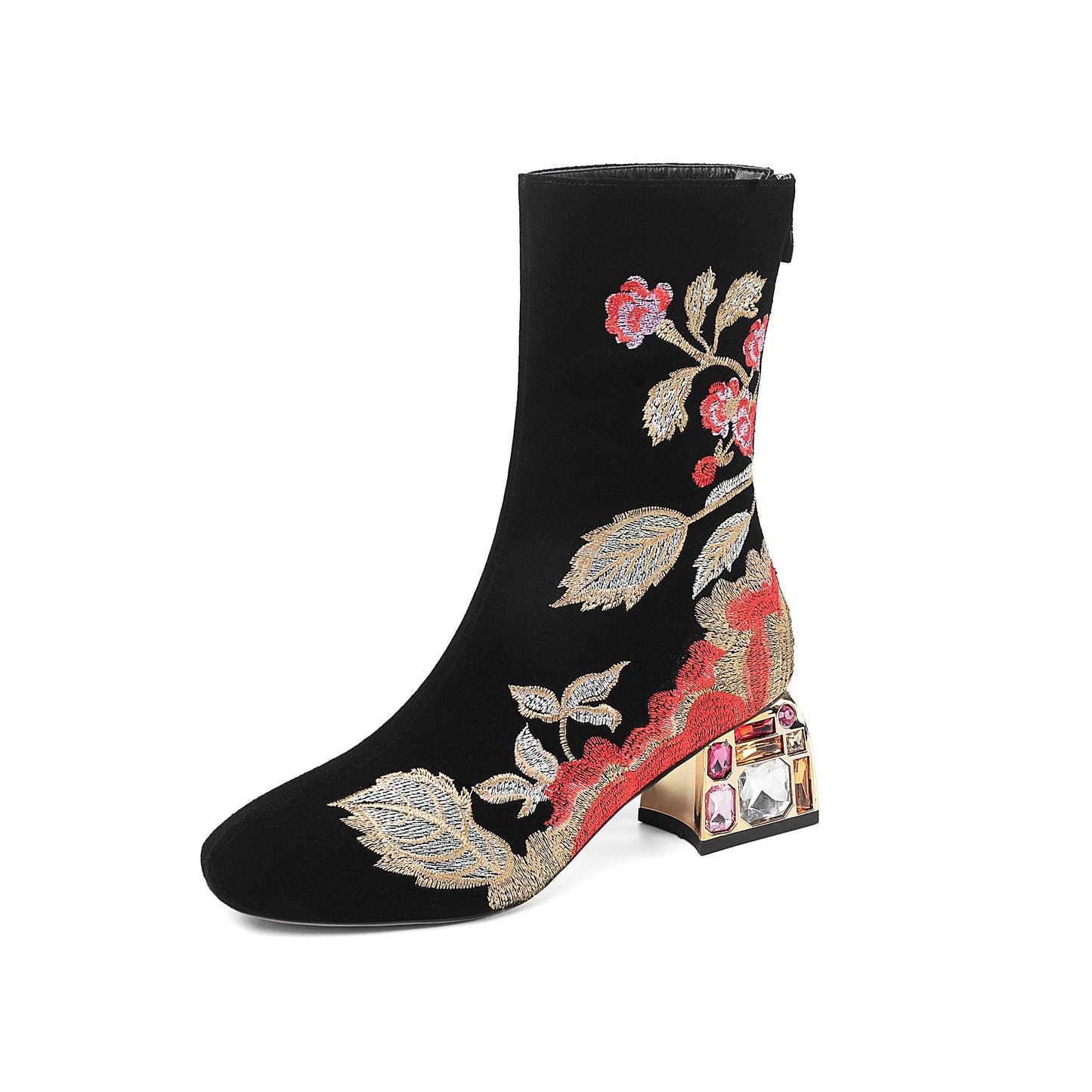 Nine Seven Handmade Women's Suede Leather Ethnic Floral Embroidered Round Toe Mid Chunky Rhinestone Heel Back Zipper Mid-Calf Boots