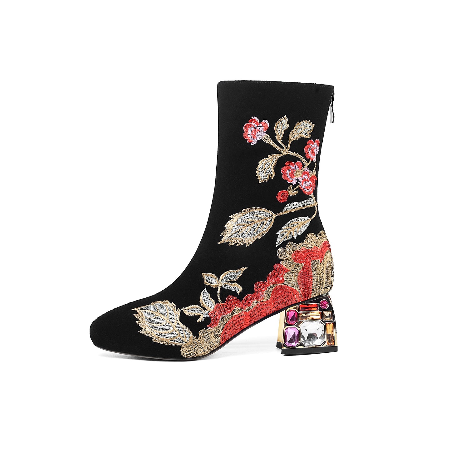 Nine Seven Handmade Women's Suede Leather Ethnic Floral Embroidered Round Toe Mid Chunky Rhinestone Heel Back Zipper Mid-Calf Boots