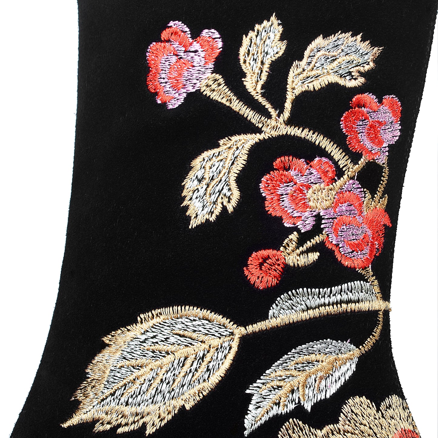 Nine Seven Handmade Women's Suede Leather Ethnic Floral Embroidered Round Toe Mid Chunky Rhinestone Heel Back Zipper Mid-Calf Boots