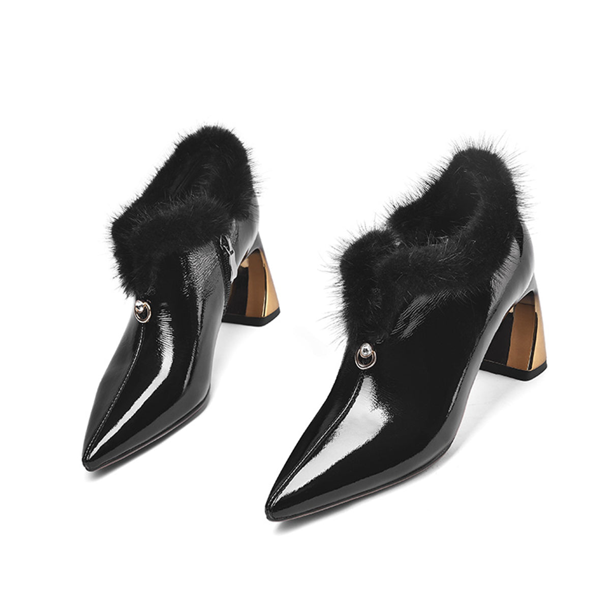 Nine Seven Women's Patent Leather Handmade High Spool Heel Pointed Toe Graceful Side Zip Pump Shoes with Fur