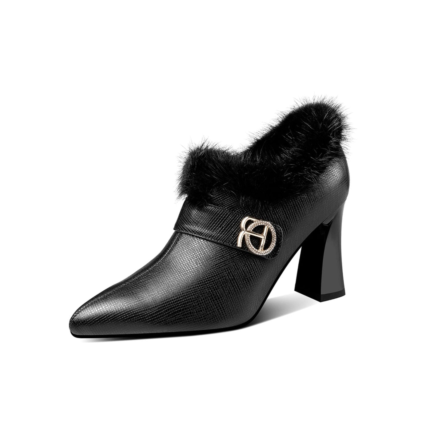 Nine Seven Women's Handmade Genuine Leather High Heel Pointed Toe Side Zip Up Stylish Oxford Pumps with Soft Fur Decor