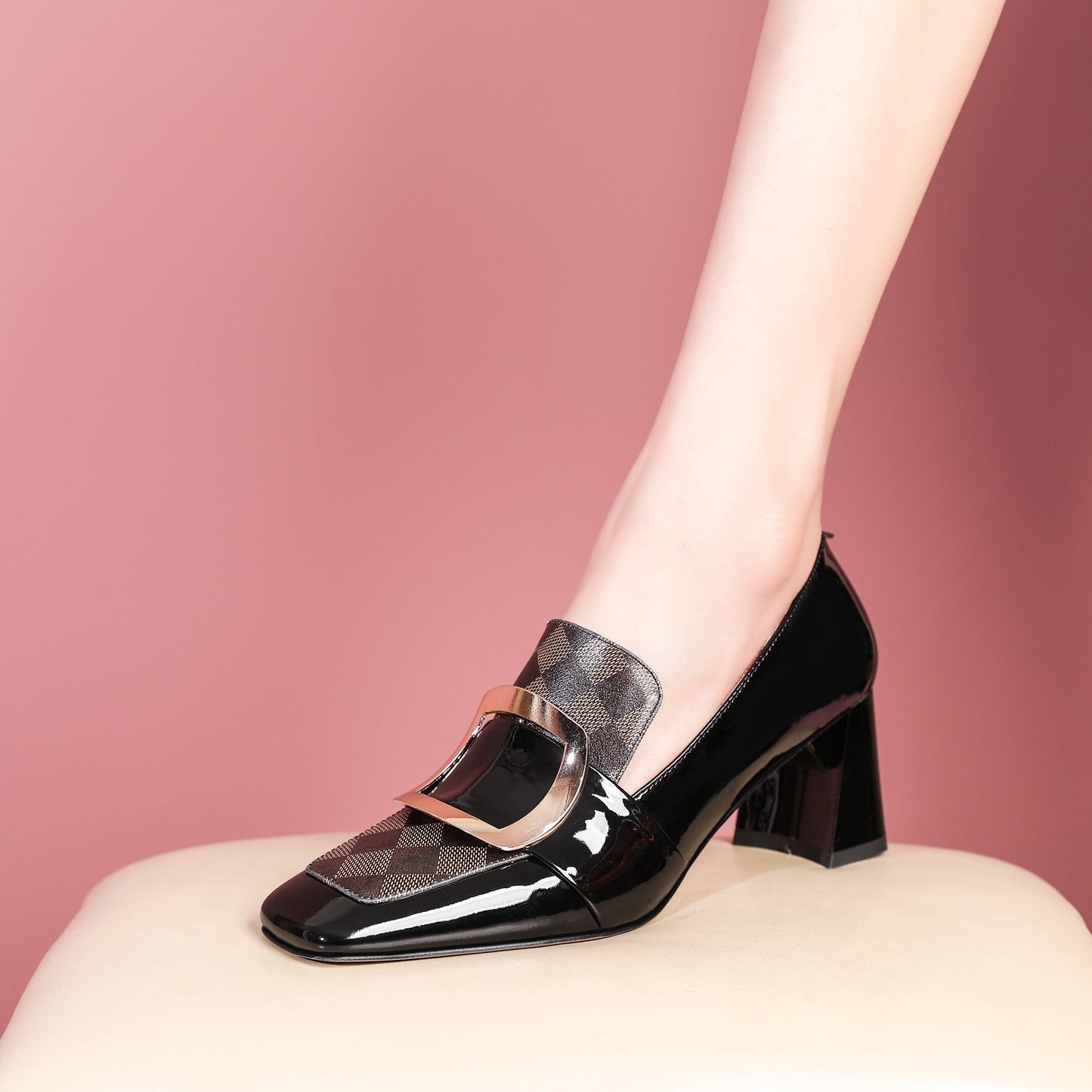 Patent Leather Women's Handmade Metal Square Pattern Design Classic Chunky Heel Loafer Pumps