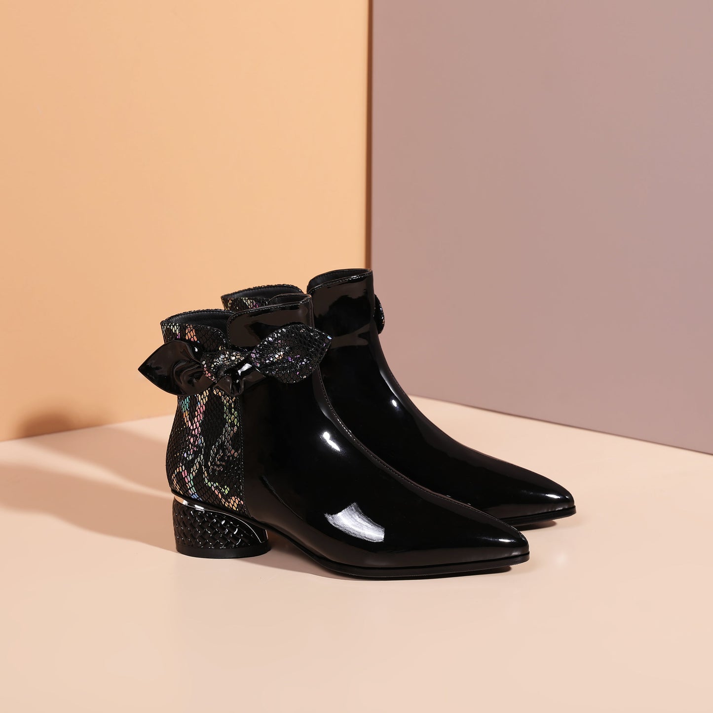 Women's Handmade Glossy Patent Leather Side Zip Up Block Heel Mesh Hollow Bowknot Design Ankle Booties