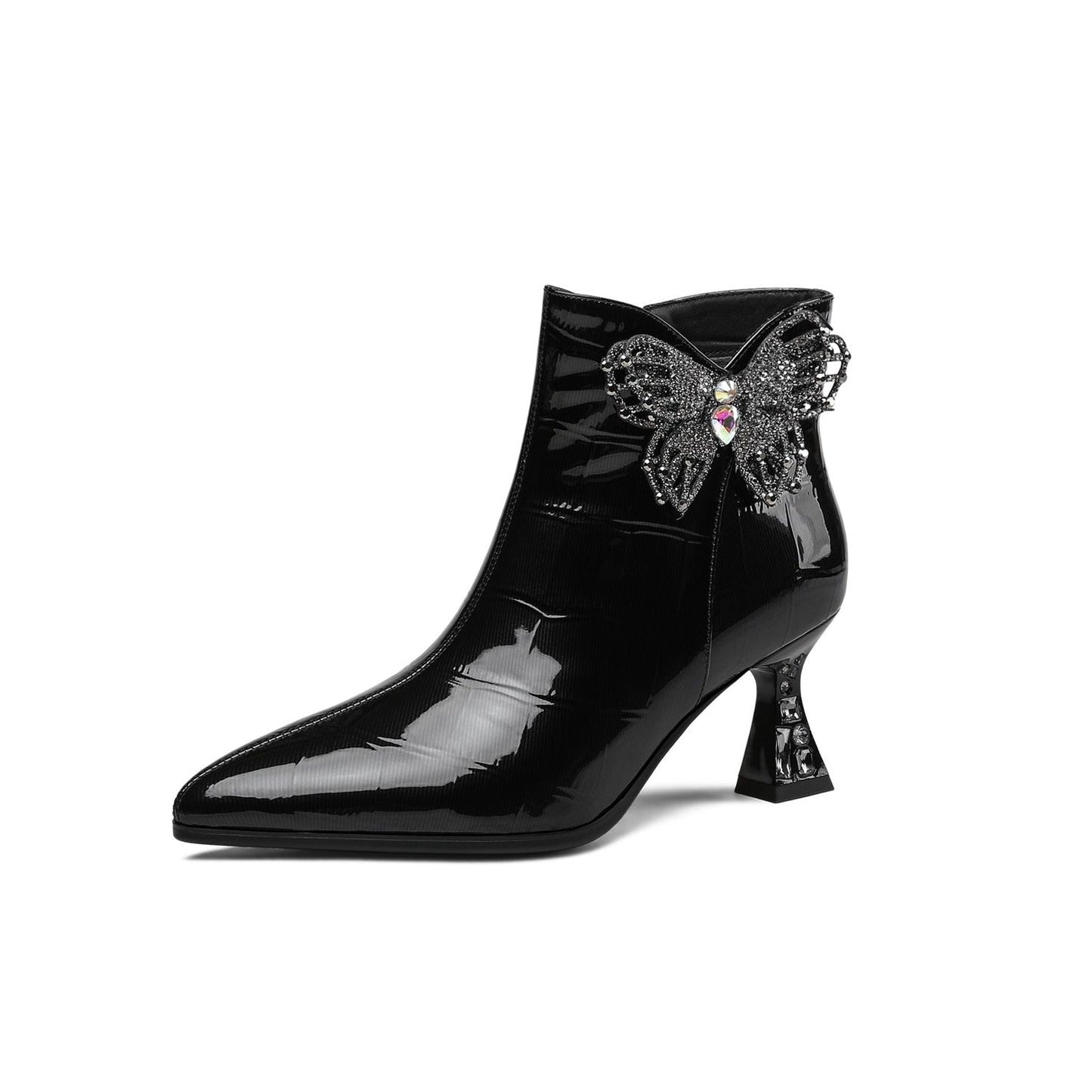 Women's Pointed Toe Glossy Patent Leather Handmade Butterfly Side Zipper Mid Heels Stylish Ankle Boots