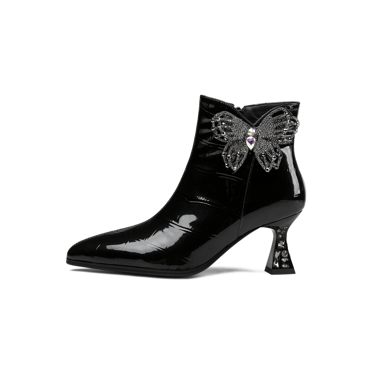 Women's Pointed Toe Glossy Patent Leather Handmade Butterfly Side Zipper Mid Heels Stylish Ankle Boots