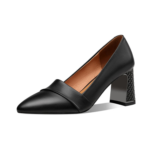 Nine Seven Women's Genuine Leather Pointed Toe Handmade Mid Chunky Heels Slip On Retro Pumps Shoes