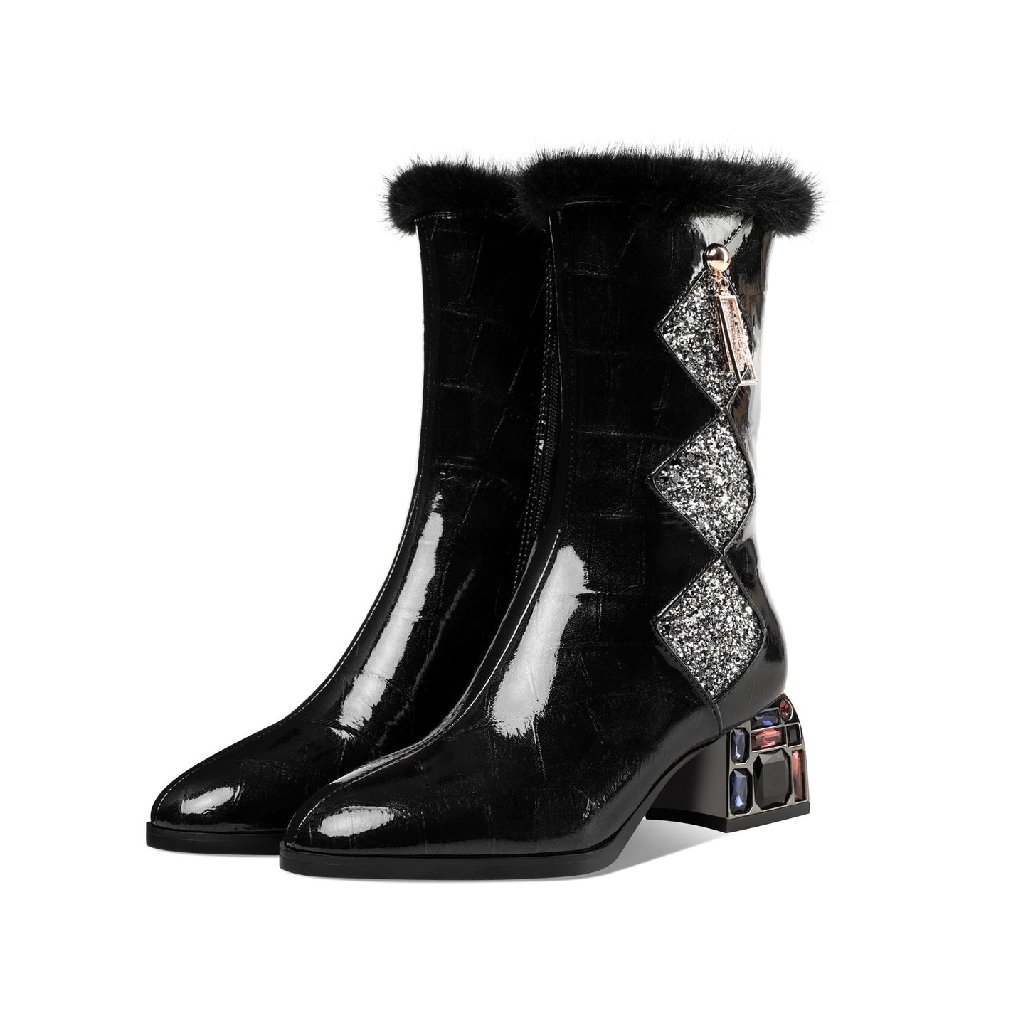 Women's Patent Leather Round Toe Handmade Chunky Heel with Jewelry Stylish Zip Up Mid-Calf Boots