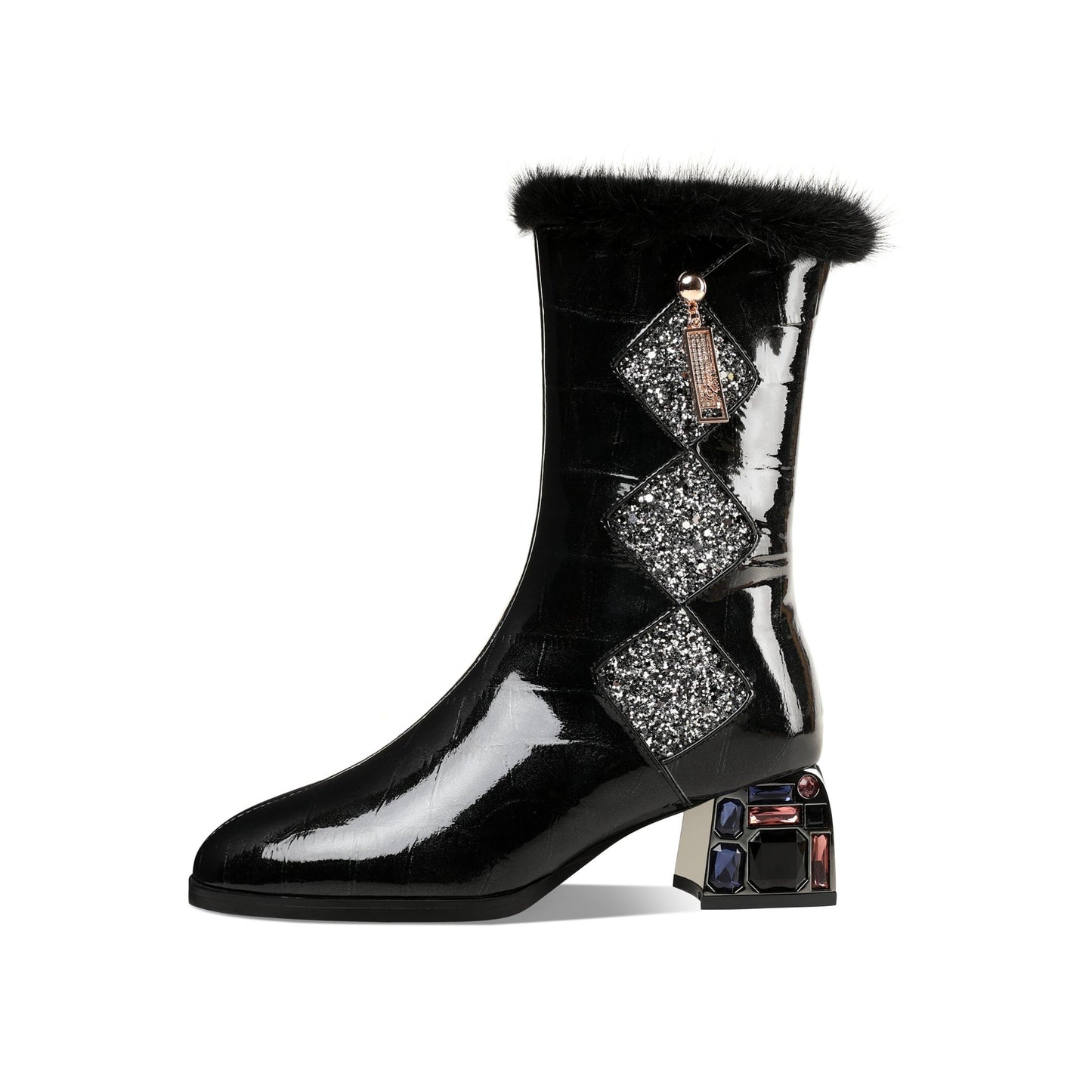 Women's Patent Leather Round Toe Handmade Chunky Heel with Jewelry Stylish Zip Up Mid-Calf Boots