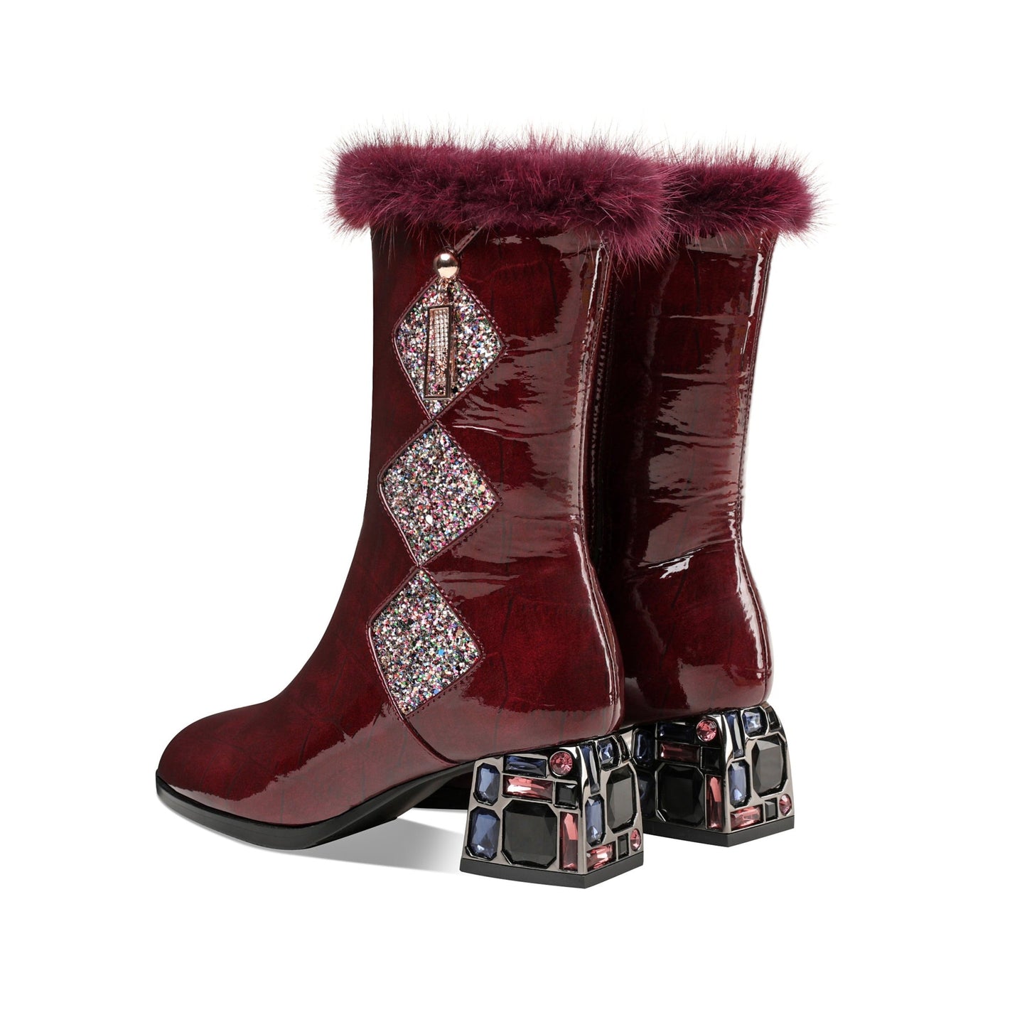 Women's Patent Leather Round Toe Handmade Chunky Heel with Jewelry Stylish Zip Up Mid-Calf Boots