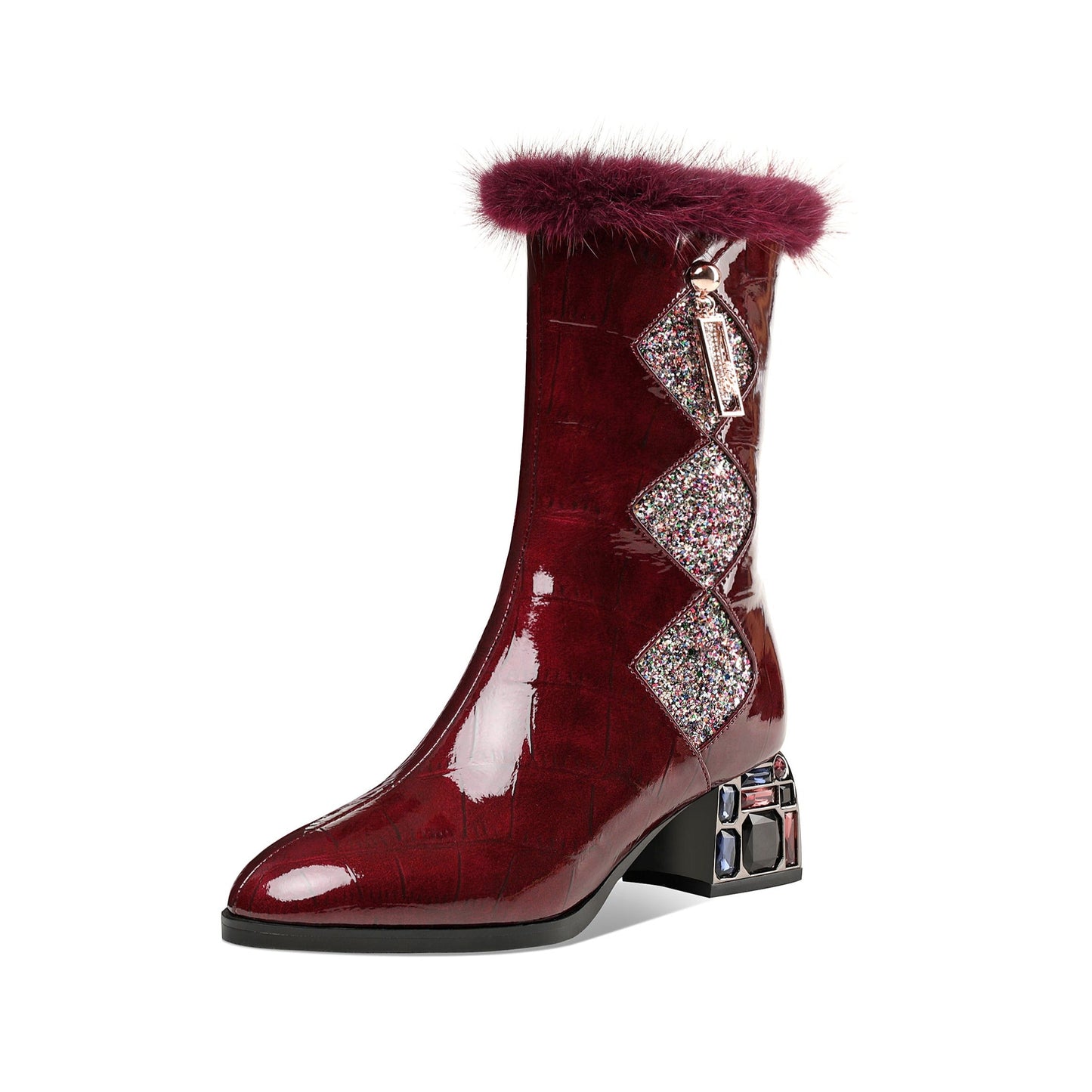 Women's Patent Leather Round Toe Handmade Chunky Heel with Jewelry Stylish Zip Up Mid-Calf Boots