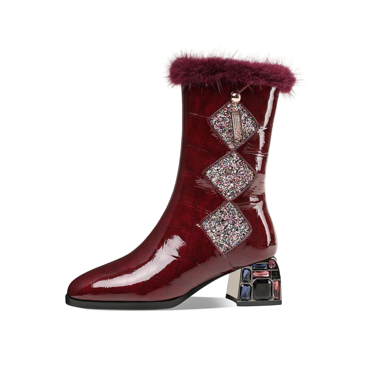 Women's Patent Leather Round Toe Handmade Chunky Heel with Jewelry Stylish Zip Up Mid-Calf Boots