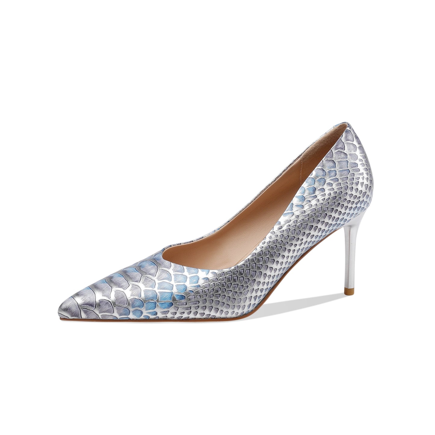 Women's Handmade Snakeskin Leather Stiletto Heel Pointed Toe Sexy Silver Dressy Pumps