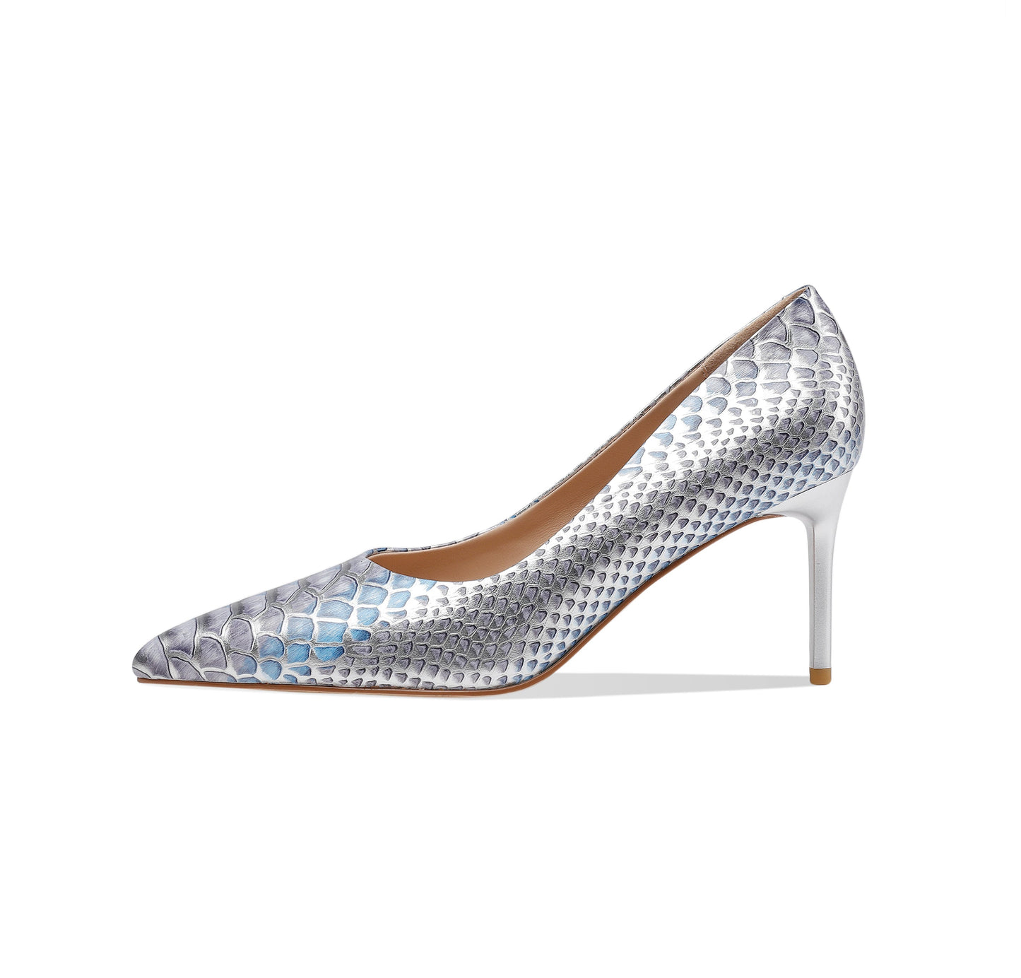 Women's Handmade Snakeskin Leather Stiletto Heel Pointed Toe Sexy Silver Dressy Pumps