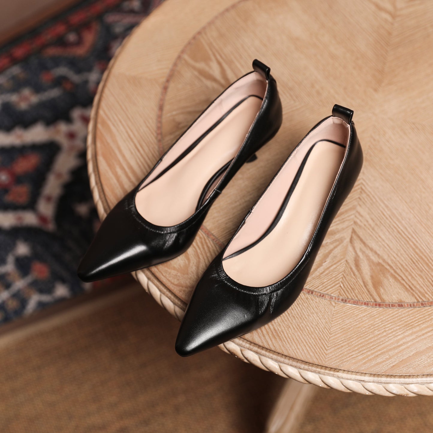 Women's Genuine Leather Pointed Toe Handmade Stiletto Low Heels Slip On Pumps Shoes