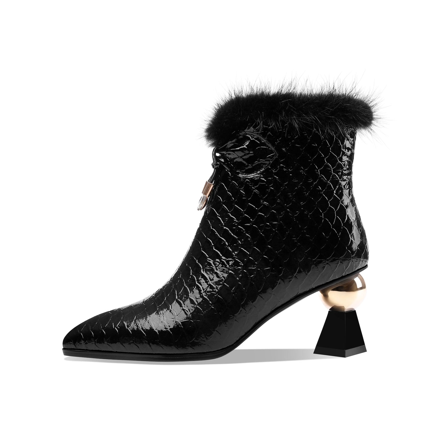 Patent Leather Handmade Women's Pointy Toe Side Zip Up Mid Heel Crystal and Fur Design Ankle Boots with Bow