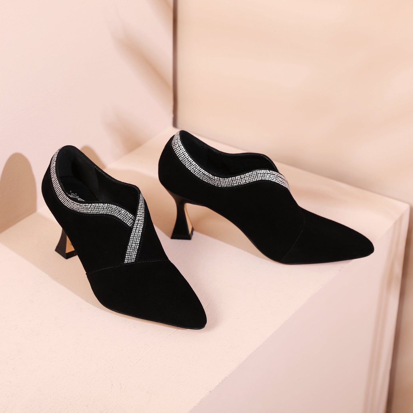 Women's Pointed Toe Soft Suede Leather Stiletto Mid Heels Handmade Dress Pumps Shoes