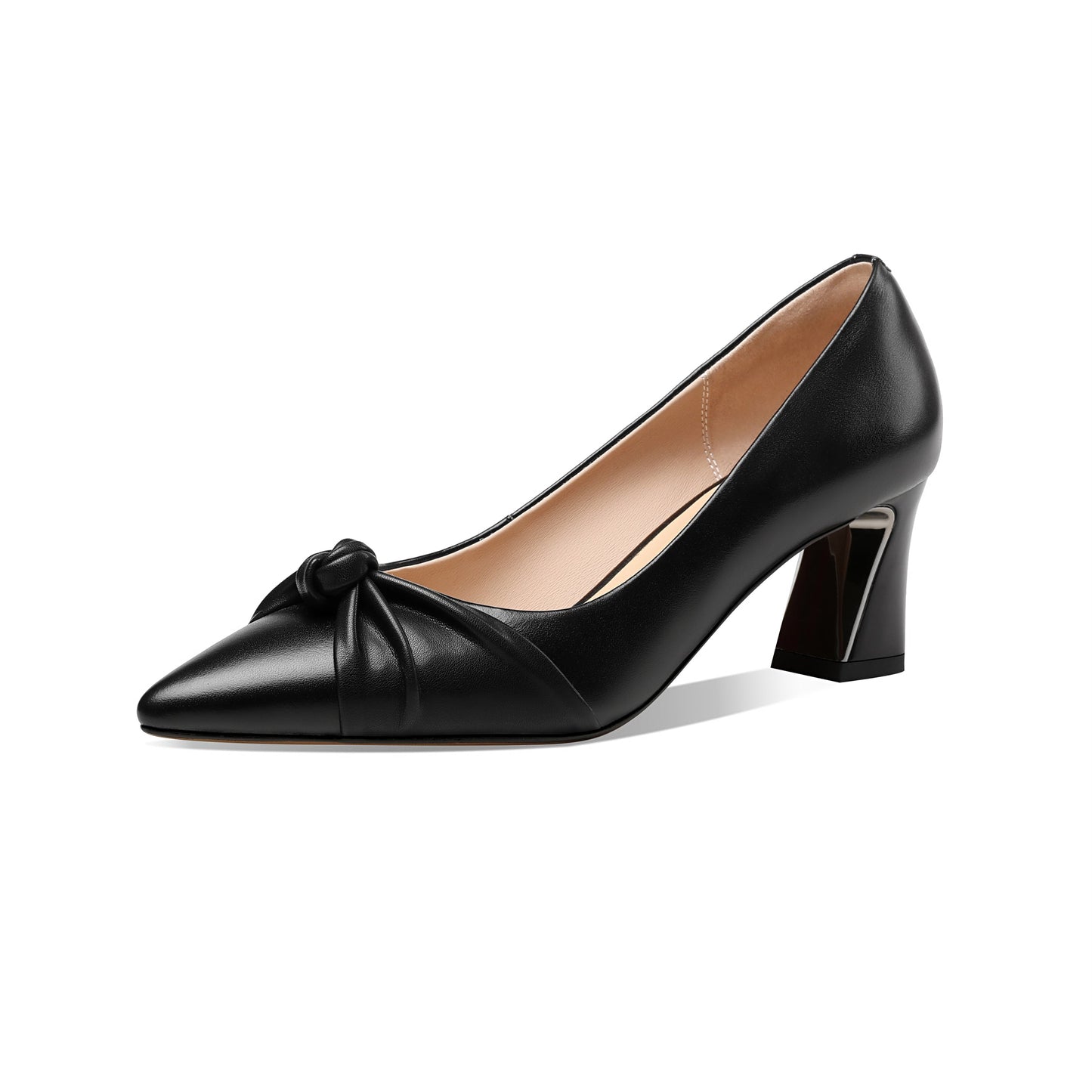 Women's Genuine Leather Pointed Toe Handmade Knot Décor Mid Chunky Heels Elegant Pumps Shoes