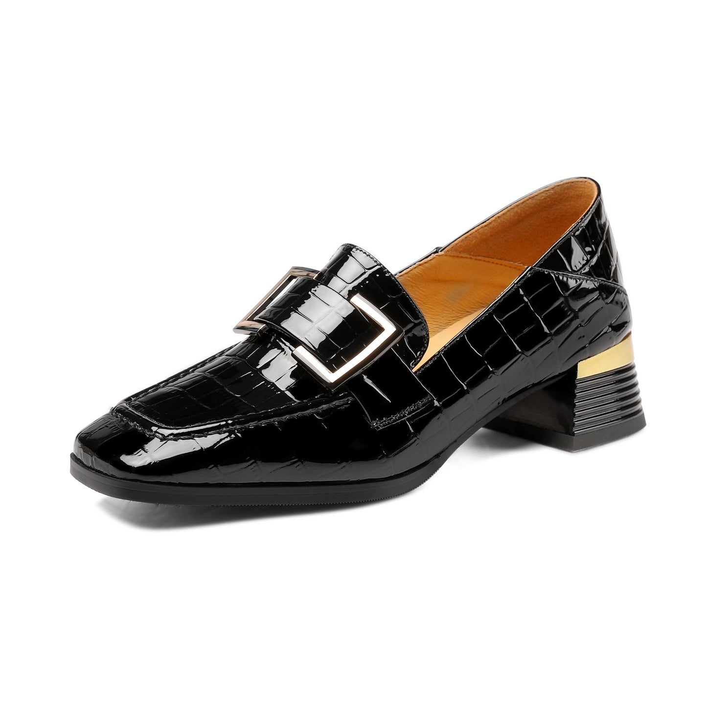 Women's Patent Leather Square Toe Handmade Buckled Casual Loafers Shoes with Low Chunky Heels