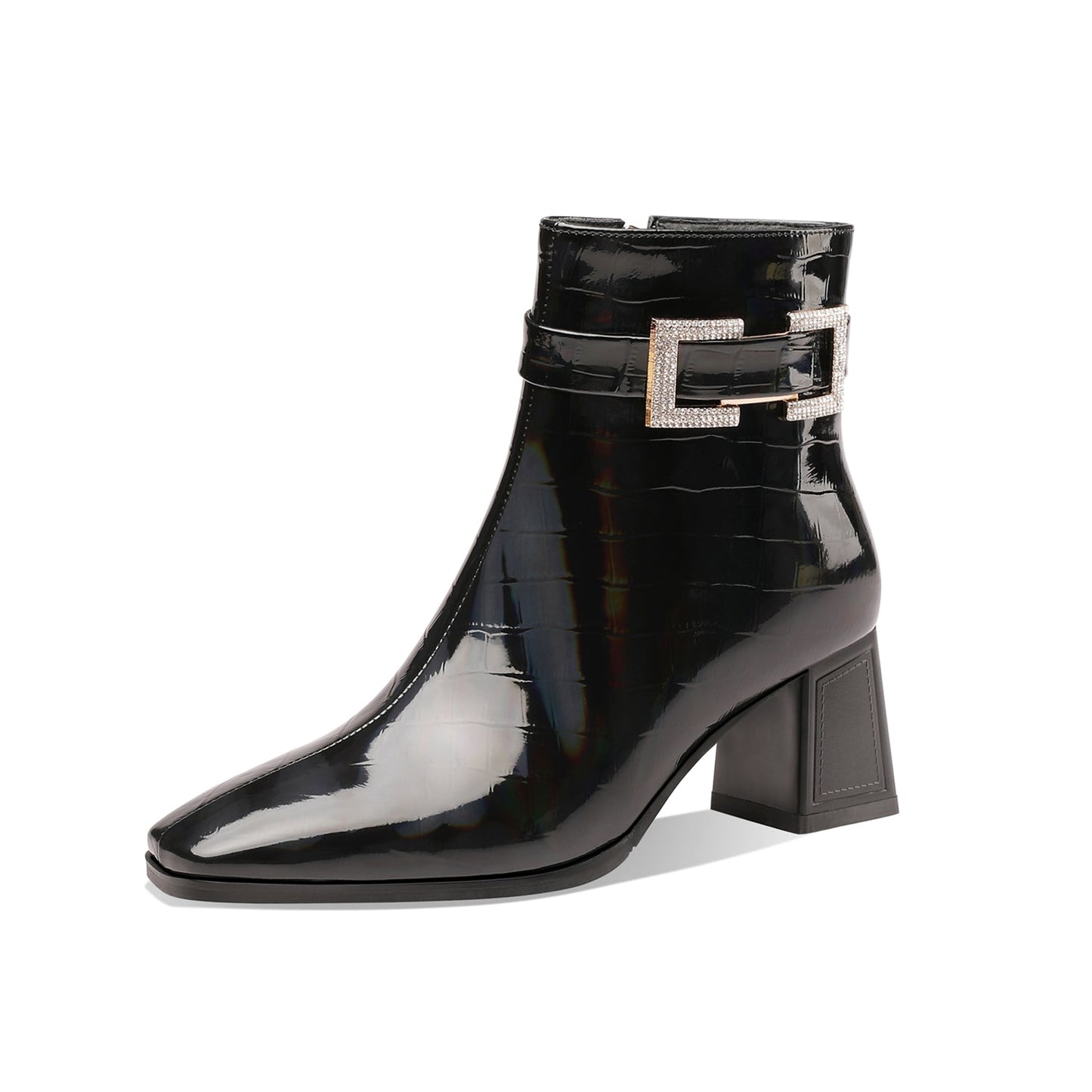 Women's Handmade Checkered Patent Leather Comfortable Block Heel Side Zip Up Glitter Buckle Design Chic Dress Boots