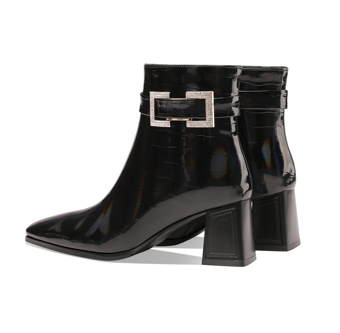 Women's Handmade Checkered Patent Leather Comfortable Block Heel Side Zip Up Glitter Buckle Design Chic Dress Boots