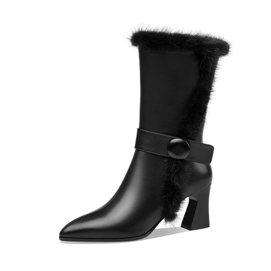 Handmade Women's Genuine Leather Spool Heel Side Zip Up Black Mid-Calf Boots with Fur And Chic Belt