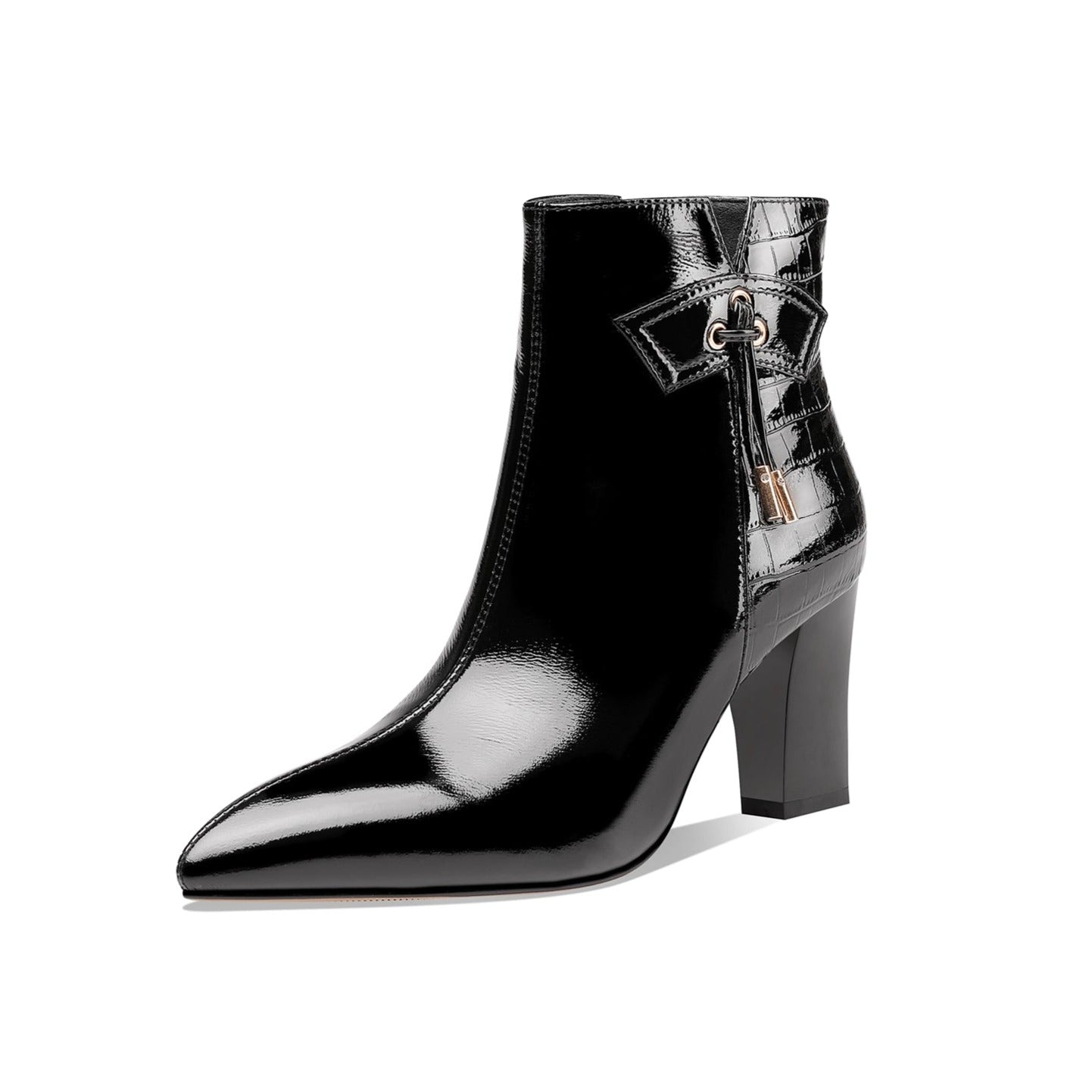 Women's Patent Leather Handmade Chunky Heel Pointed Toe Side Zip Up Glossy Ankle Booties