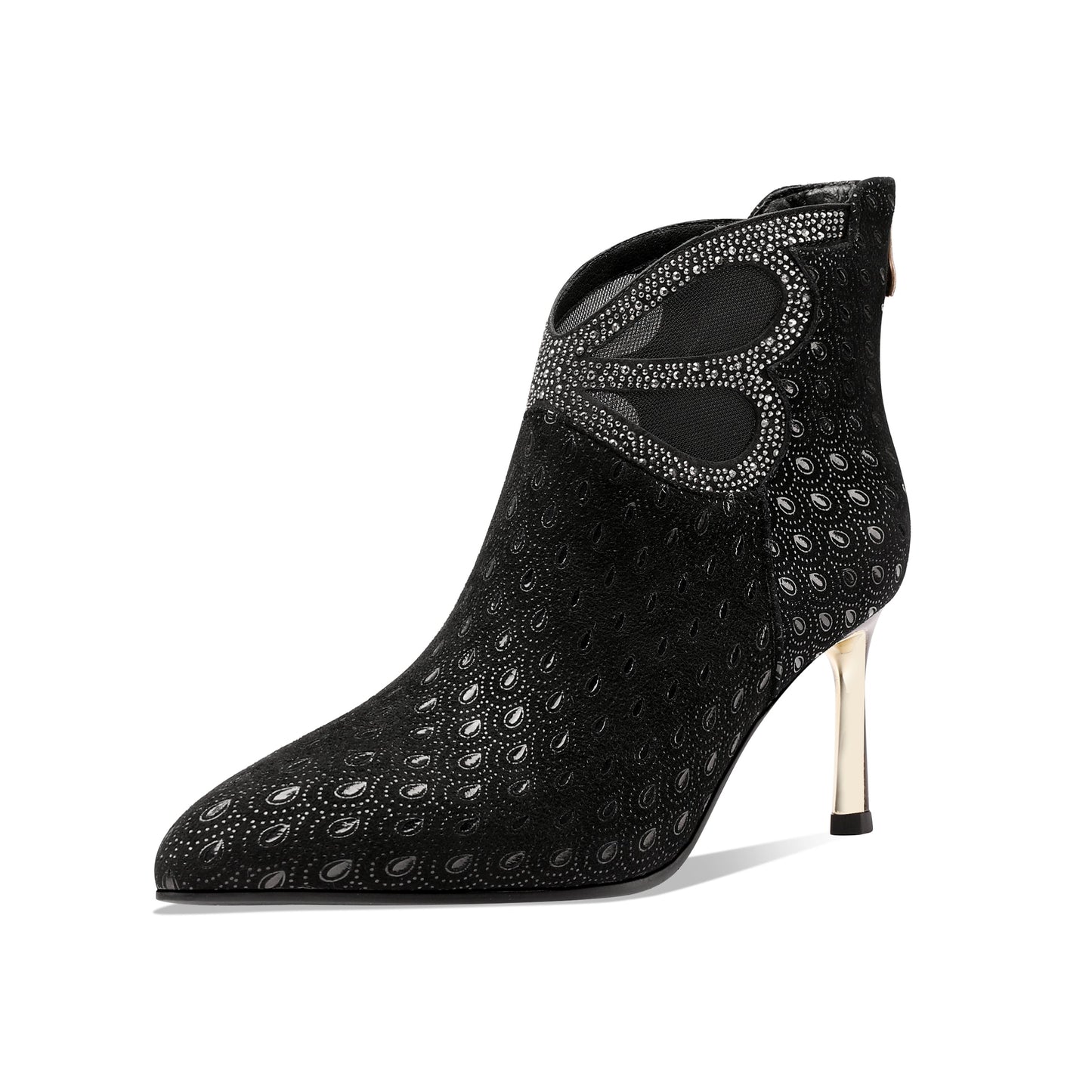 Women's Handmade Leather Metal Stiletto Heel Back Zip Up Pointed Toe Ankle Boots with Glitter Rhinestone