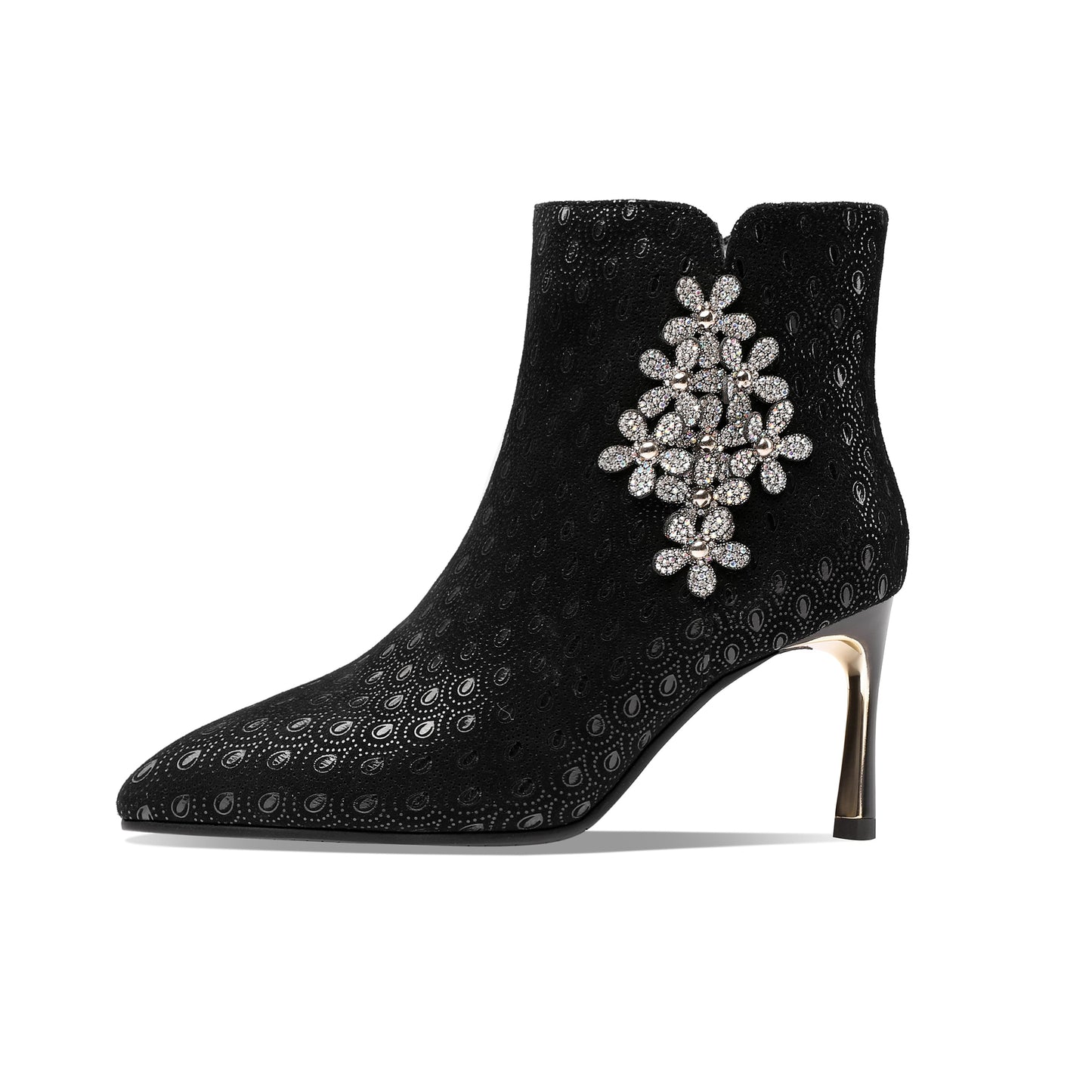 Women's Handmade Leather Sexy Metal Heel Side Zip Up Pointed Toe Ankle Boots with Rhinestone Flower