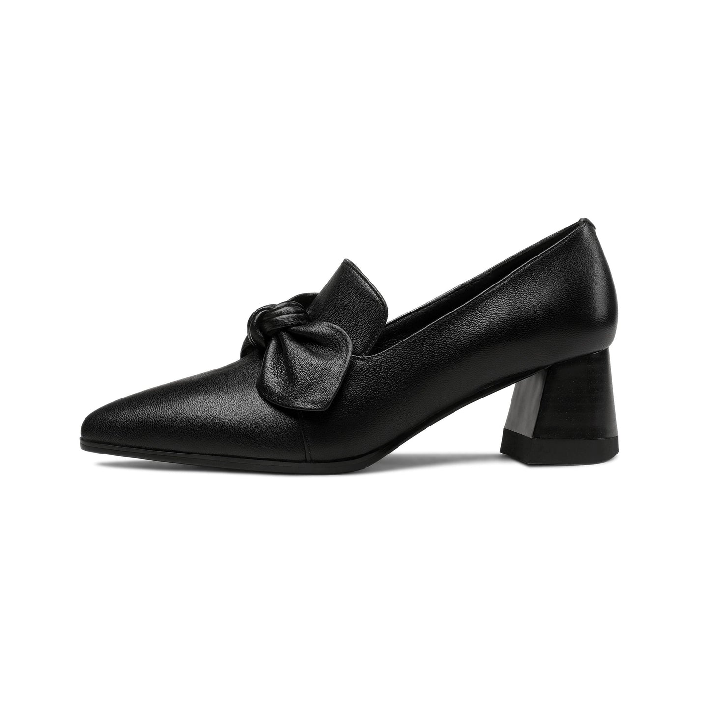 Handmade Women's Genuine Leather Bowknot Slip On Pointed Toe Mid Chunky Heel Pumps Shoes