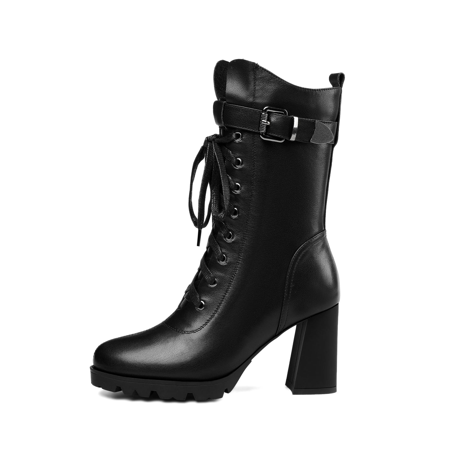 Women's Round Toe Genuine Leather Selftie Zip Up Hnadmade High Chunky Heels Boots with Buckle