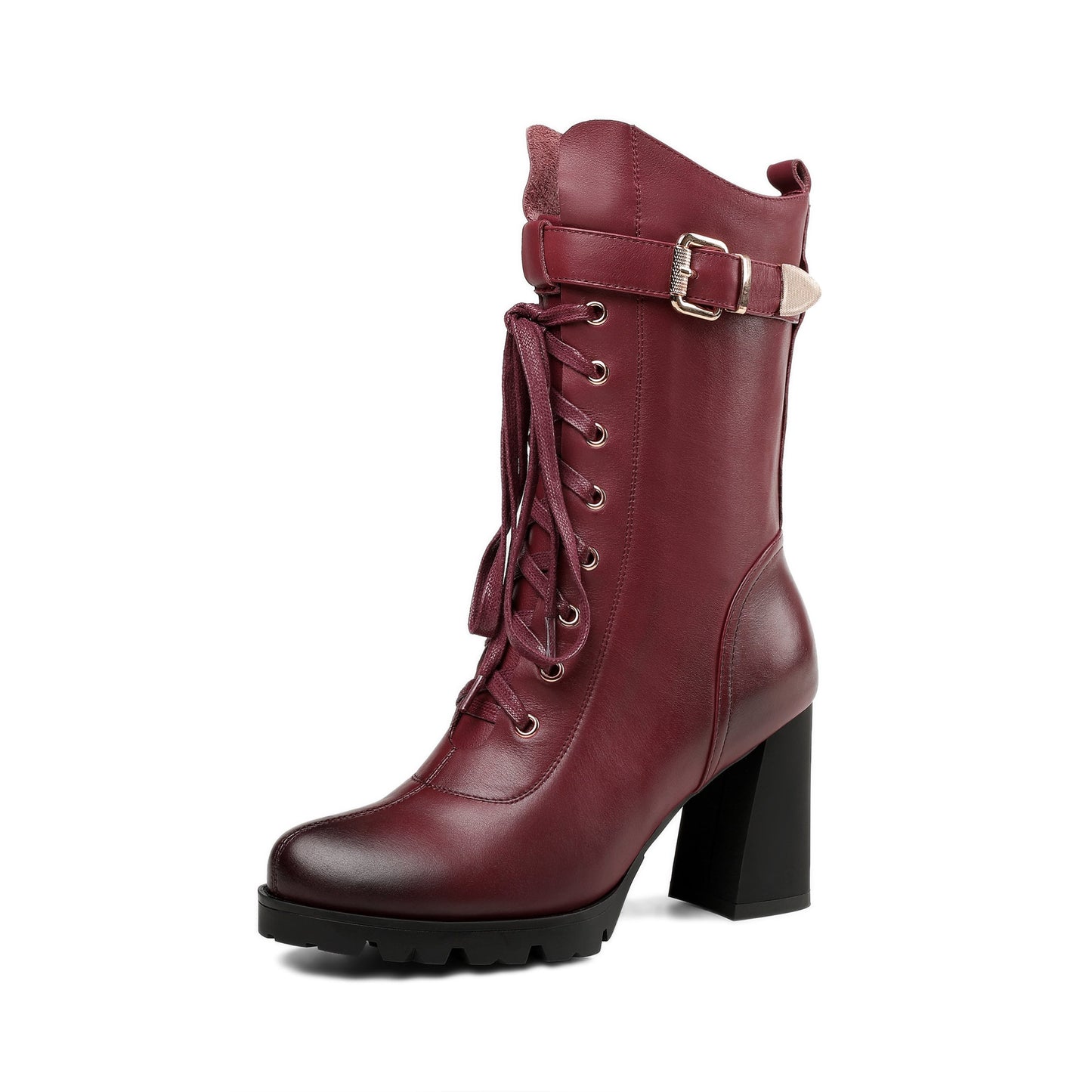 Women's Round Toe Genuine Leather Selftie Zip Up Hnadmade High Chunky Heels Boots with Buckle