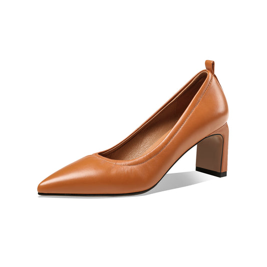 Nine Seven Women's Handmade Genuine Leather Pointed Toe Mid Block Heel Pumps Shoes