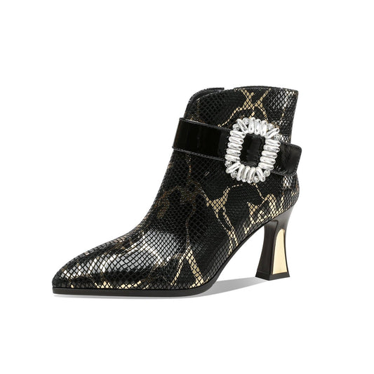 Handmade Women's Genuine Leather Assorted Color Rhinestones Square Buckle Printed Side Zipper Pointed Toe Mid Stiletto Heel Ankle Boots