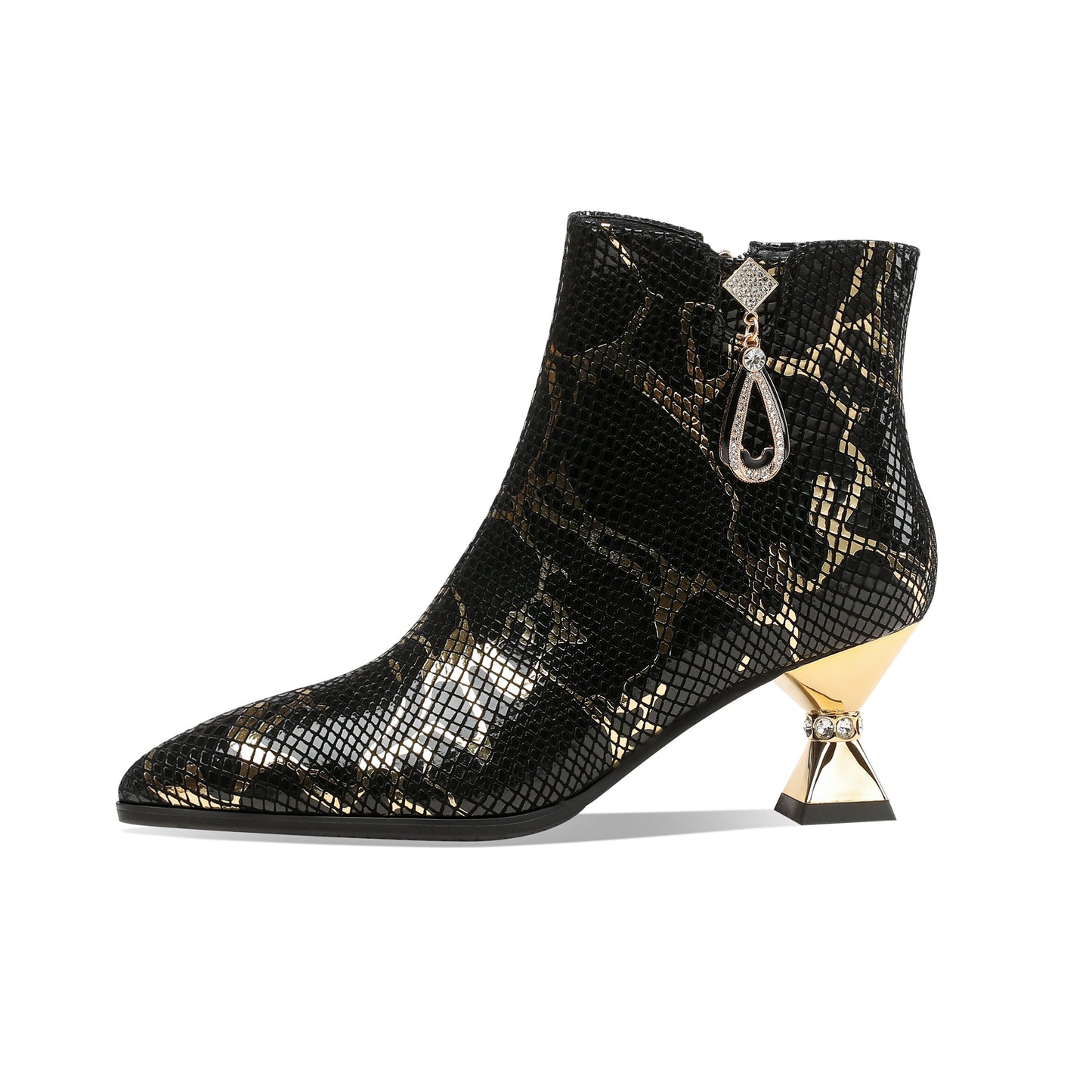 Handmade Women's Assorted Color Genuine Leather Rhinestones Printed Snakeskin Side Zipper Pointed Toe Mid Spool Heel Ankle Boots