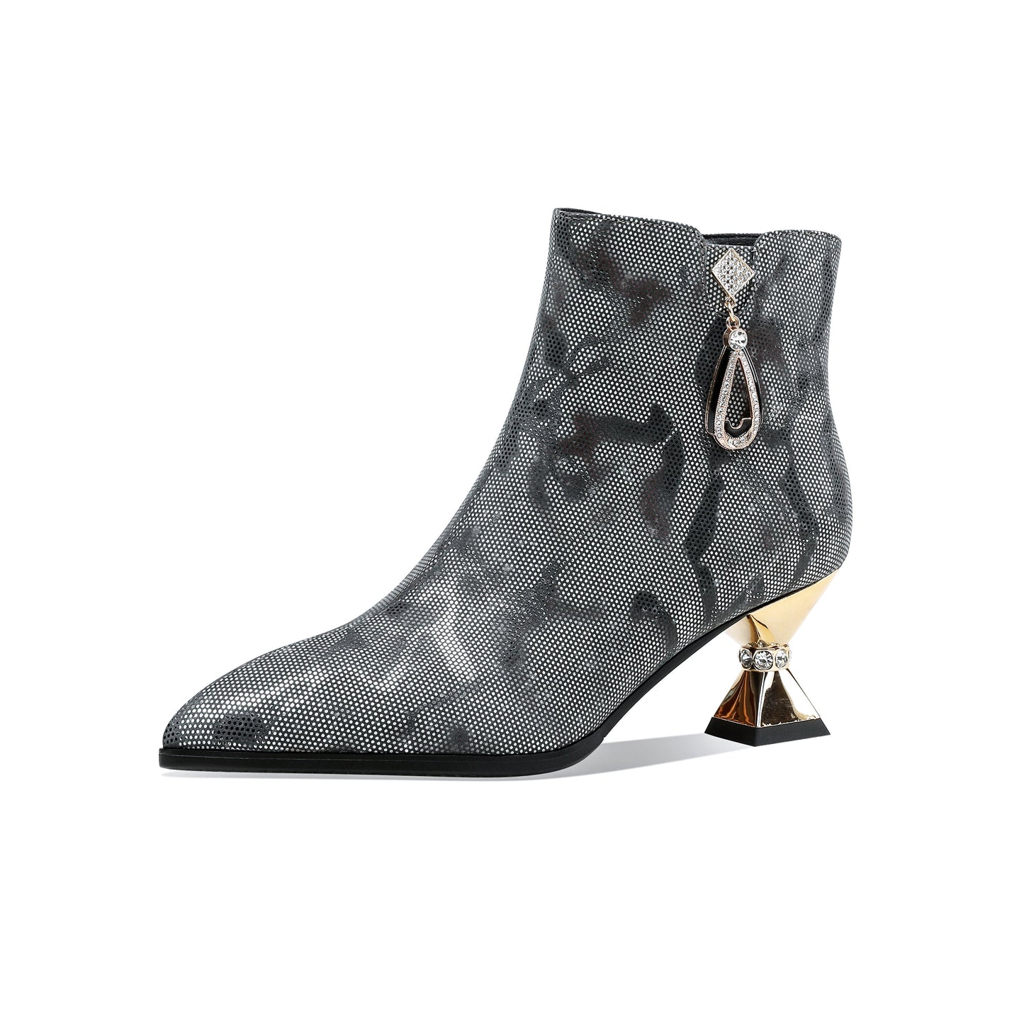 Handmade Women's Assorted Color Genuine Leather Rhinestones Printed Snakeskin Side Zipper Pointed Toe Mid Spool Heel Ankle Boots