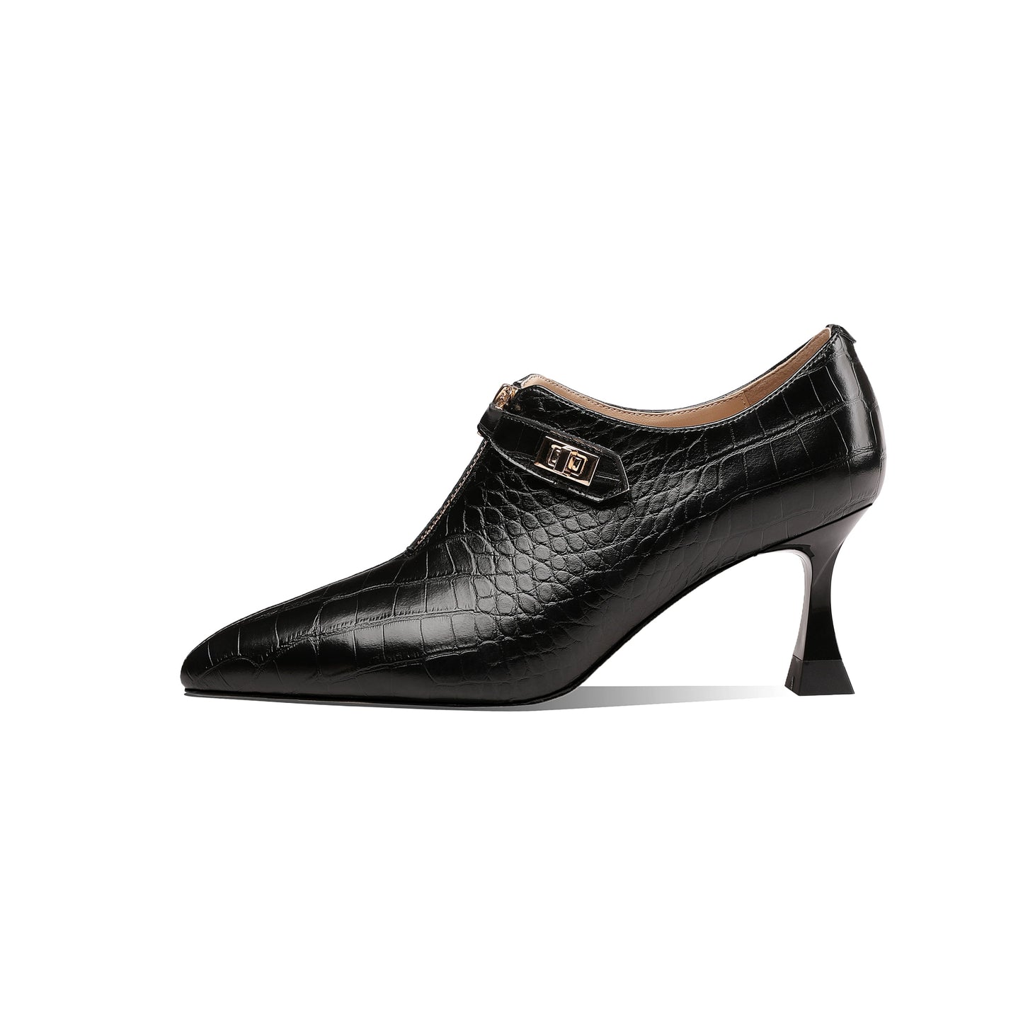 Genuine Leather Women's Handmade Pointed Toe Front Zipper Checkered Oxford Pumps