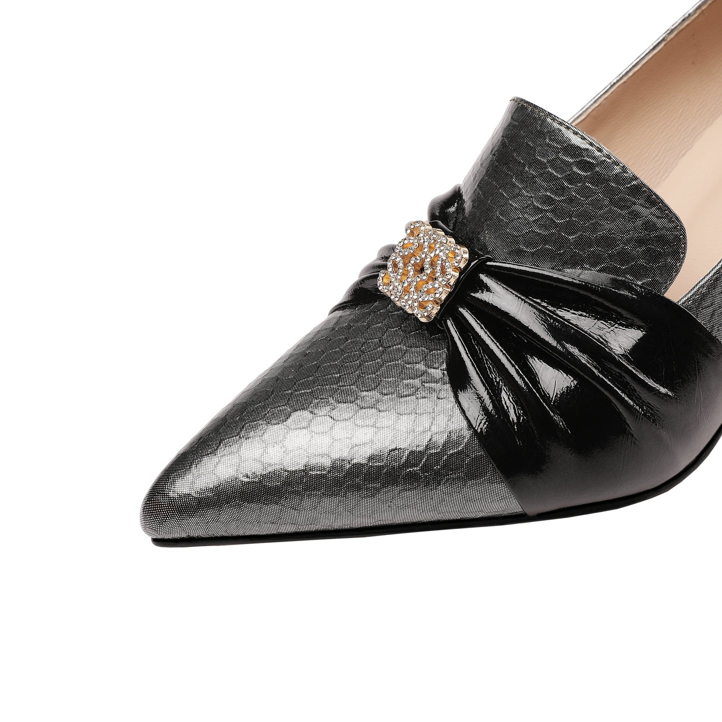 Women's Genuine Leather Handmade Pointy Toe Elegant Spool Heel Rhinestone Pattern Pumps Shoes